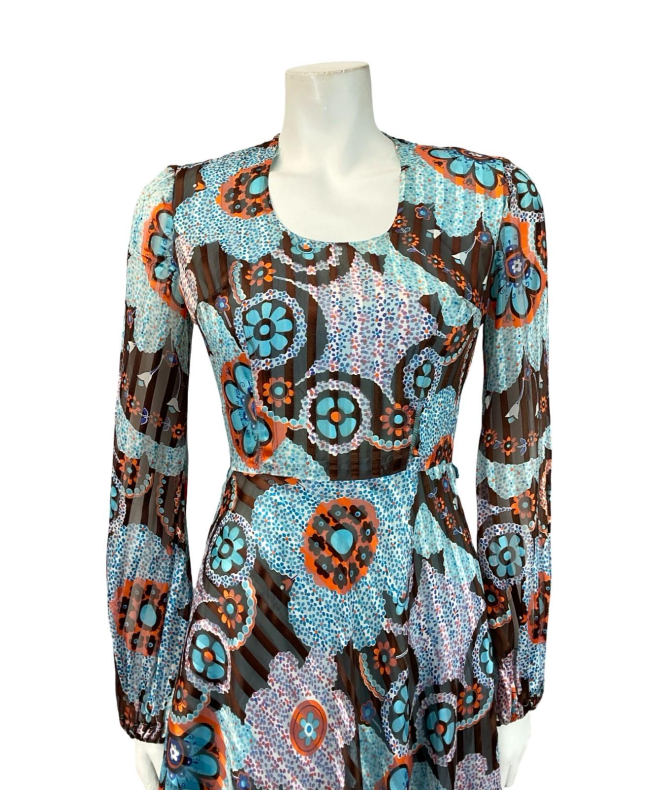 VTG 60S 70S BLUE ORANGE BROWN DOTTY FLORAL STRIPED RUFFLE A LINE DRESS 6 8