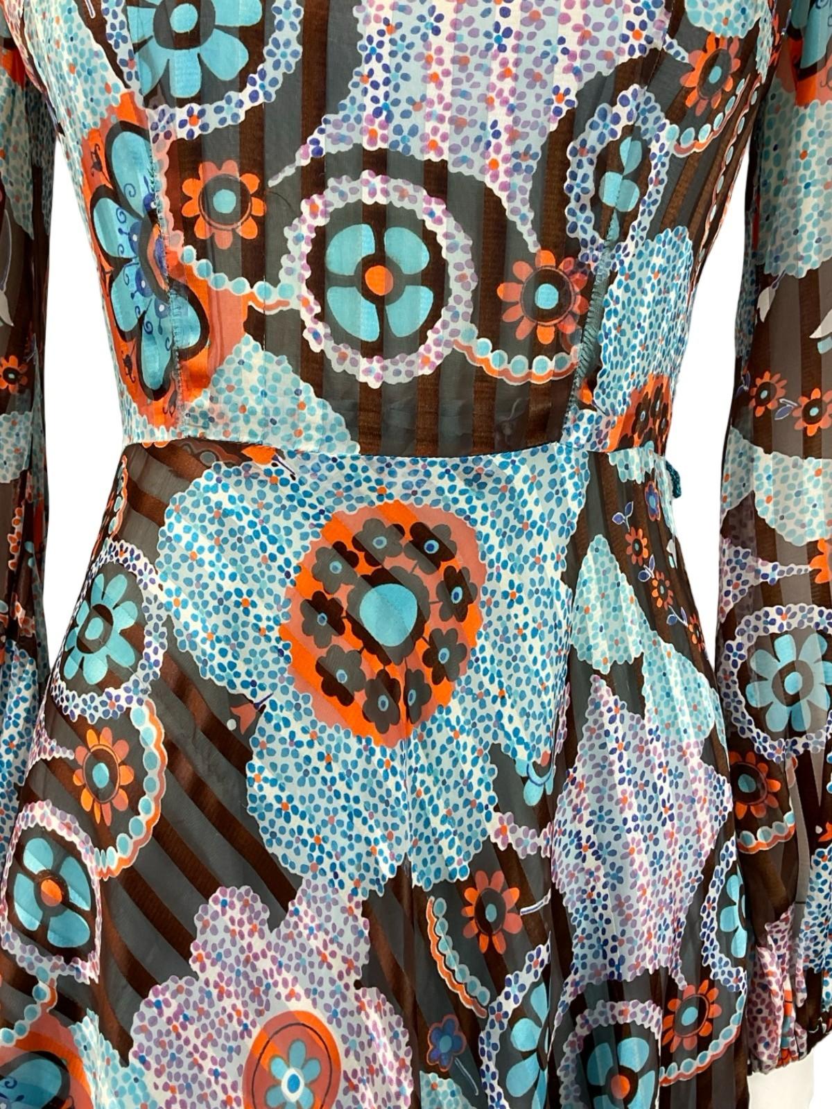 VTG 60S 70S BLUE ORANGE BROWN DOTTY FLORAL STRIPED RUFFLE A LINE DRESS 6 8