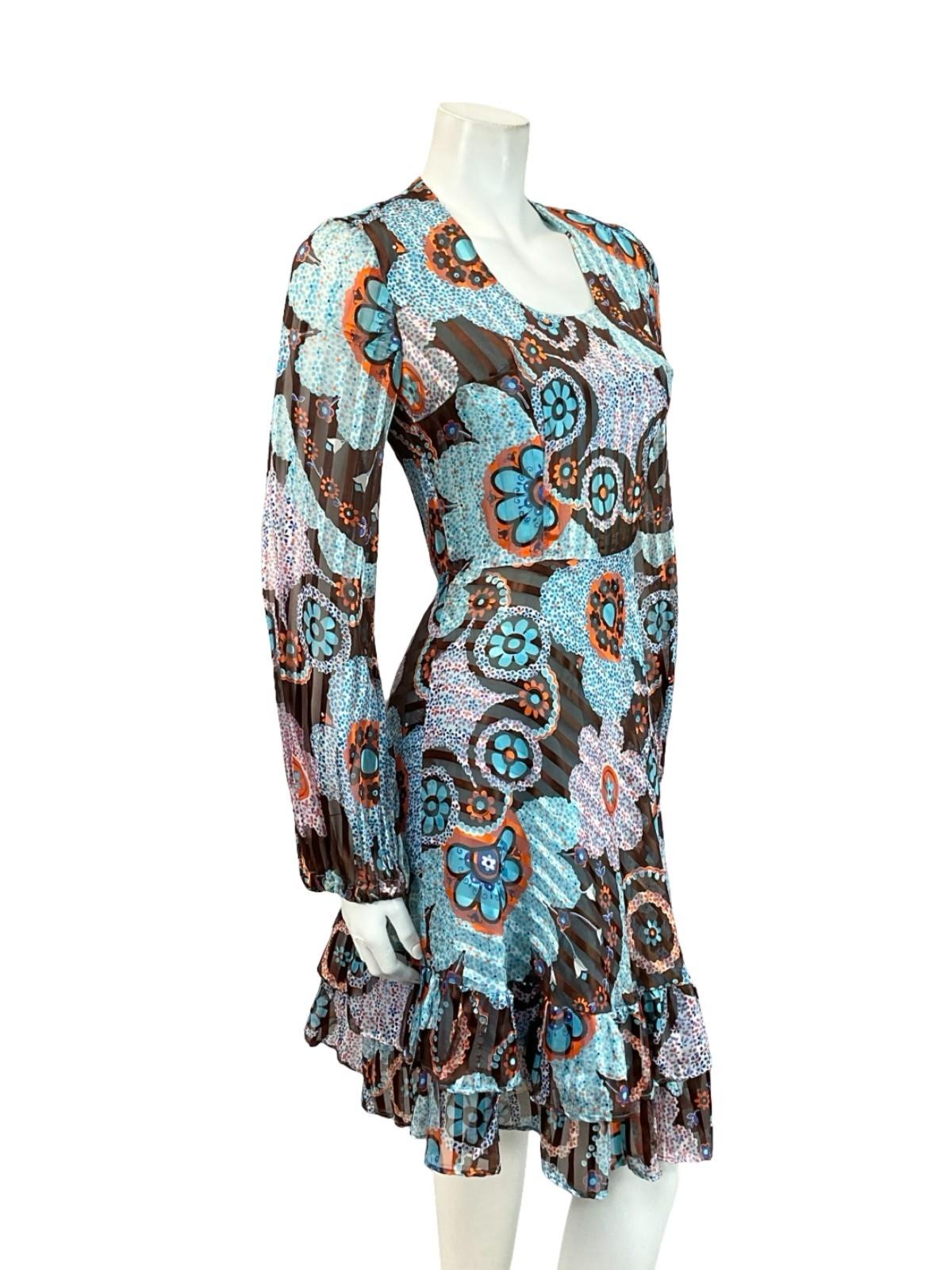 VTG 60S 70S BLUE ORANGE BROWN DOTTY FLORAL STRIPED RUFFLE A LINE DRESS 6 8