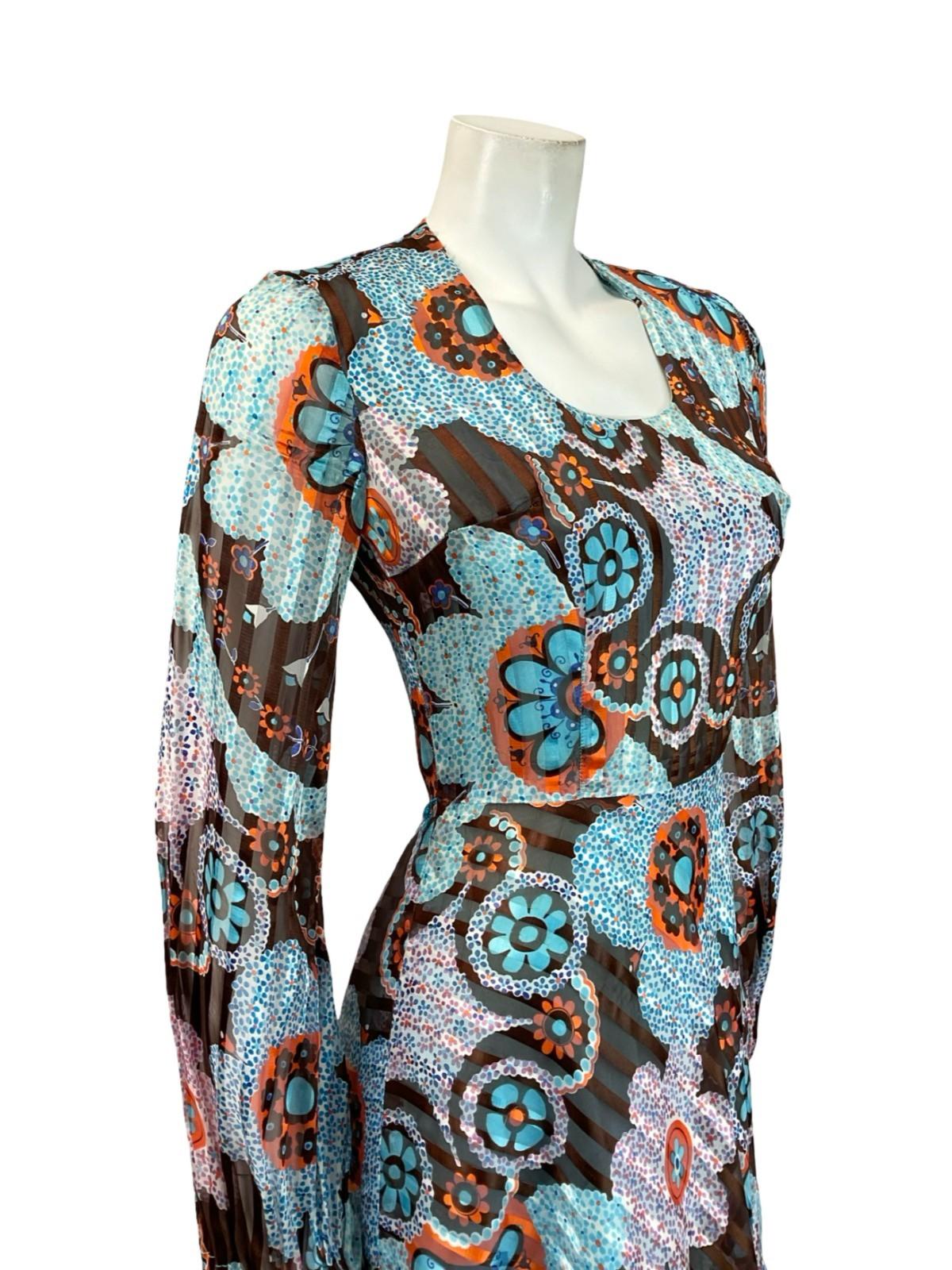 VTG 60S 70S BLUE ORANGE BROWN DOTTY FLORAL STRIPED RUFFLE A LINE DRESS 6 8