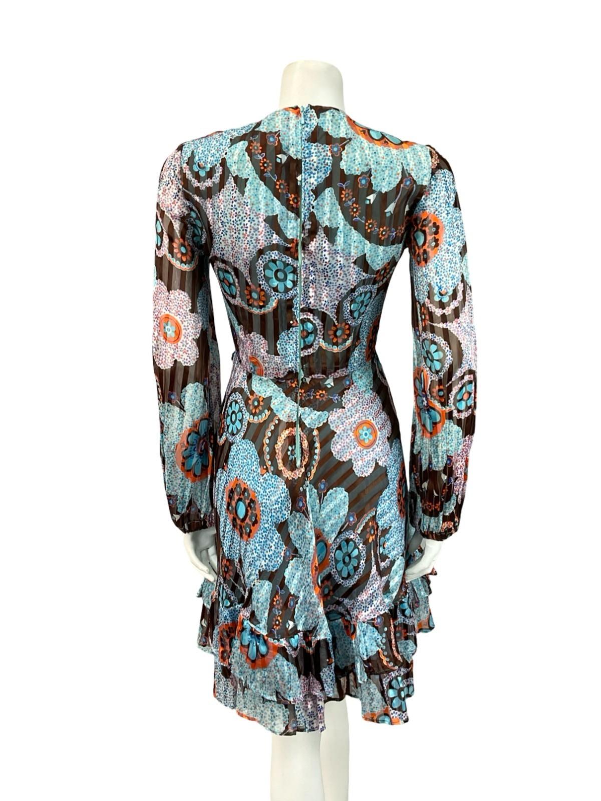 VTG 60S 70S BLUE ORANGE BROWN DOTTY FLORAL STRIPED RUFFLE A LINE DRESS 6 8
