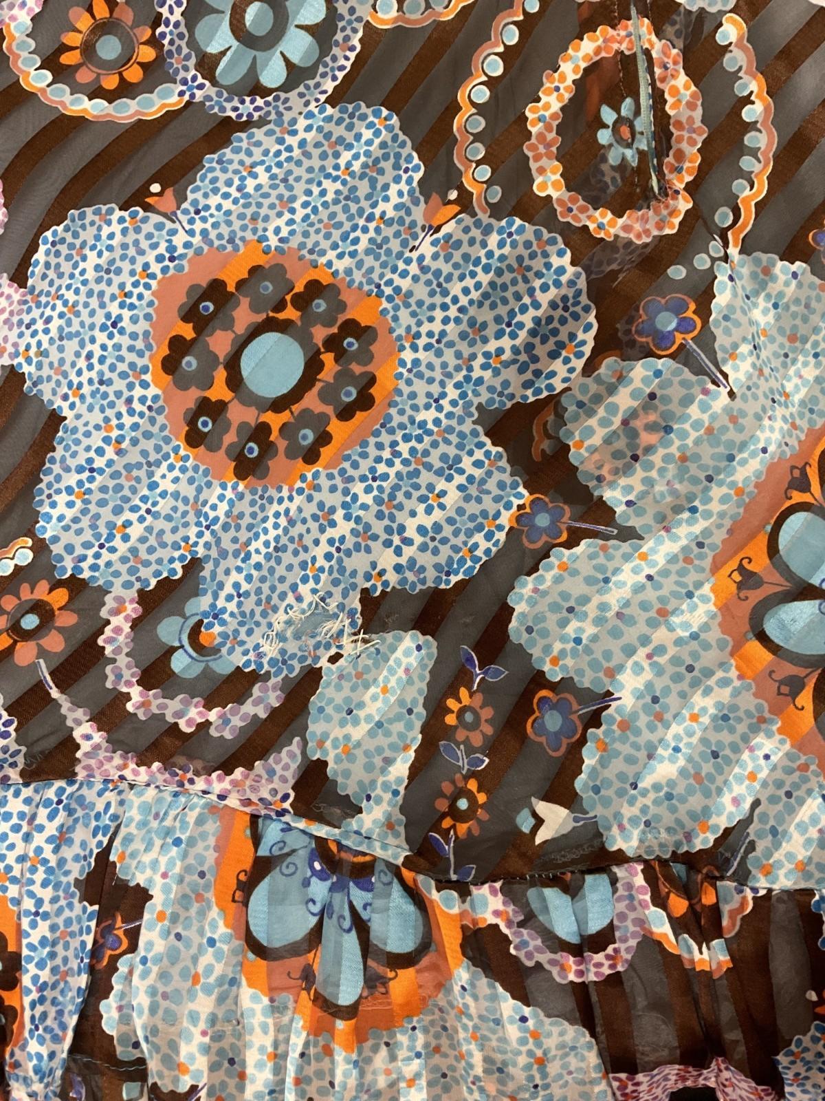 VTG 60S 70S BLUE ORANGE BROWN DOTTY FLORAL STRIPED RUFFLE A LINE DRESS 6 8