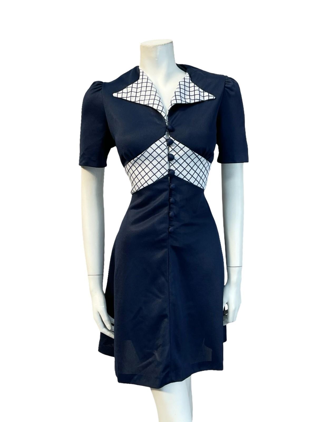 VTG 60S 70S NAVY BLUE WHITE GRID MOD GEOMETRIC NAUTICAL DAGGER SHIRT DRESS 10 12