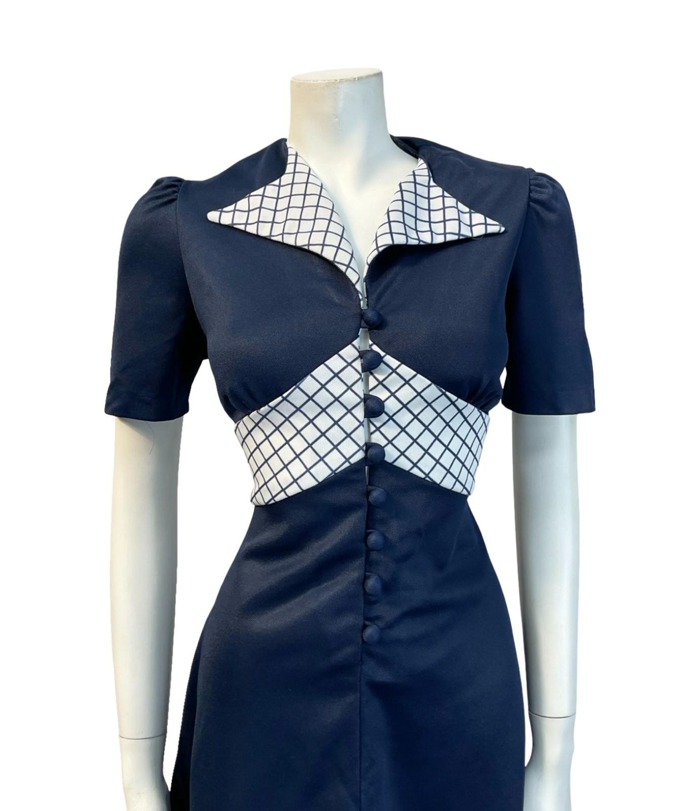 VTG 60S 70S NAVY BLUE WHITE GRID MOD GEOMETRIC NAUTICAL DAGGER SHIRT DRESS 10 12