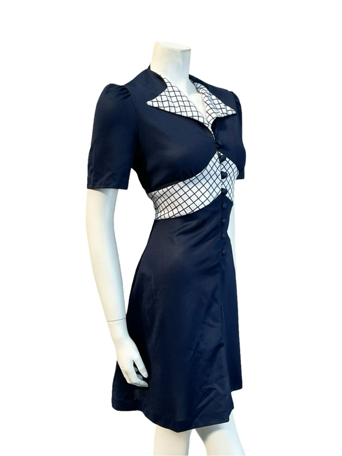 VTG 60S 70S NAVY BLUE WHITE GRID MOD GEOMETRIC NAUTICAL DAGGER SHIRT DRESS 10 12