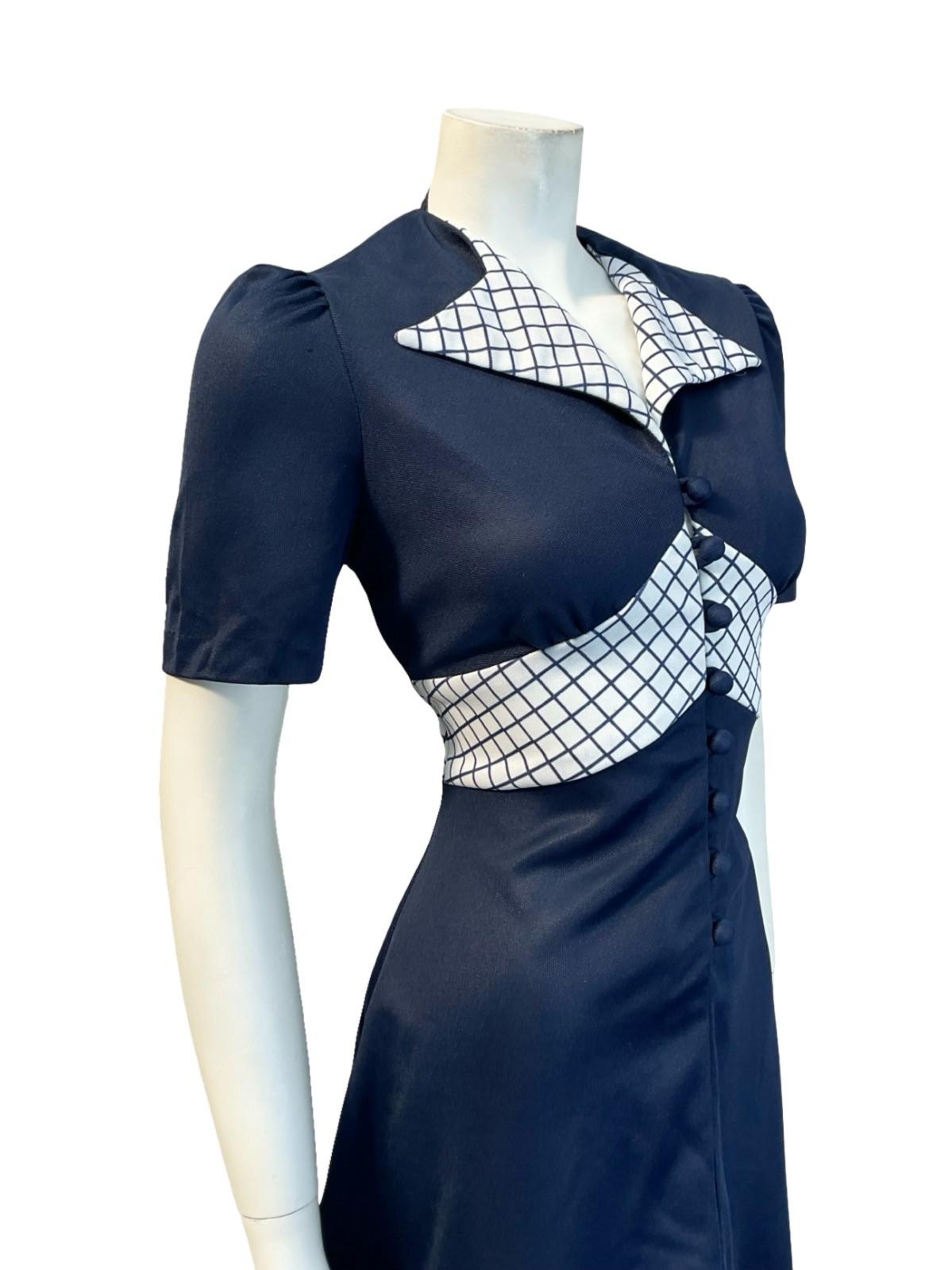 VTG 60S 70S NAVY BLUE WHITE GRID MOD GEOMETRIC NAUTICAL DAGGER SHIRT DRESS 10 12