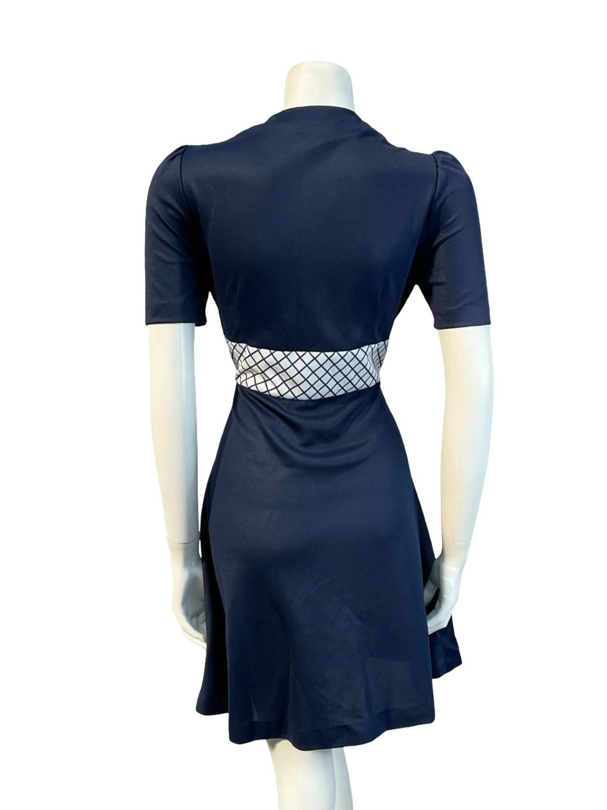 VTG 60S 70S NAVY BLUE WHITE GRID MOD GEOMETRIC NAUTICAL DAGGER SHIRT DRESS 10 12
