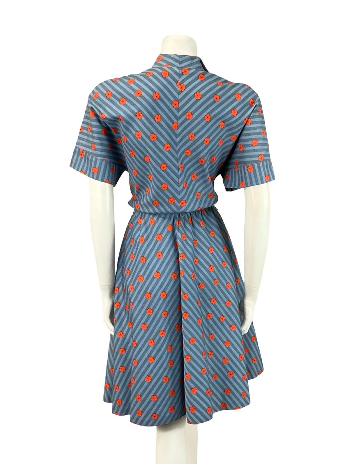 VTG 70S BLUE RED STRIPED DENIM FLORAL A LINE BLOUSON ROCKABILLY SHIRT DRESS 10