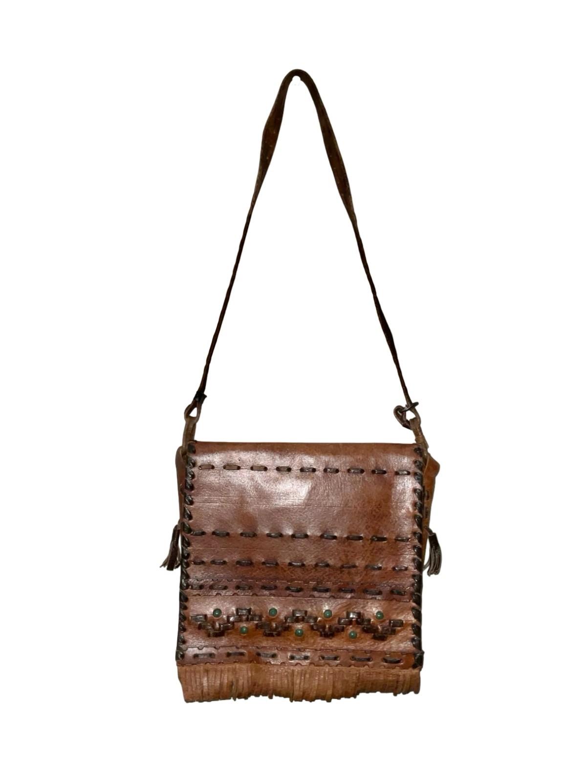 VTG 60S 70S BROWN LEATHER GREEN BEADED FRINGE STITCHED BOHO HIPPY SHOULDER BAG