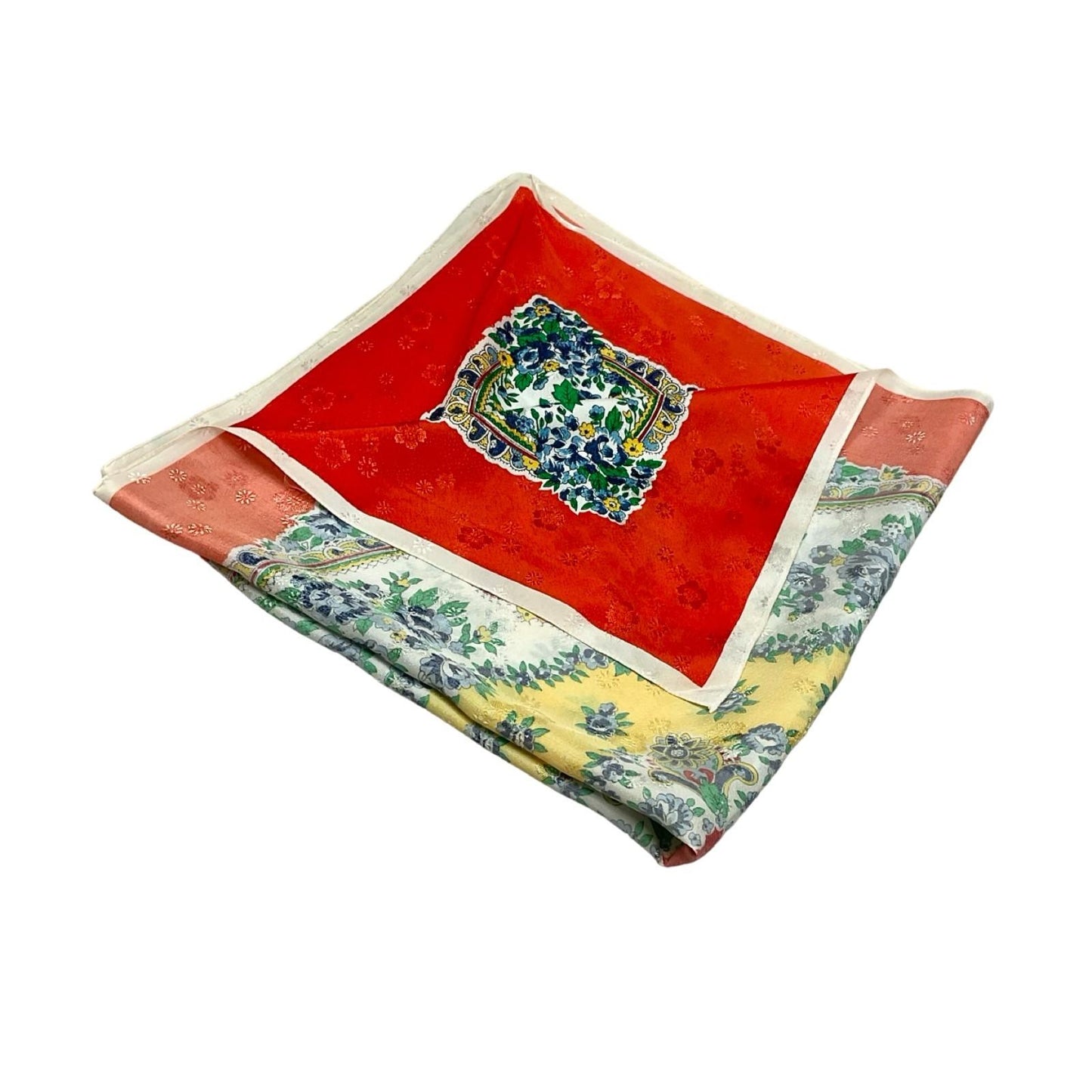 VTG 60S 70S RED WHITE YELLOW BLUE GREEN BOHO BAROQUE FLORAL DAMASK SCARF