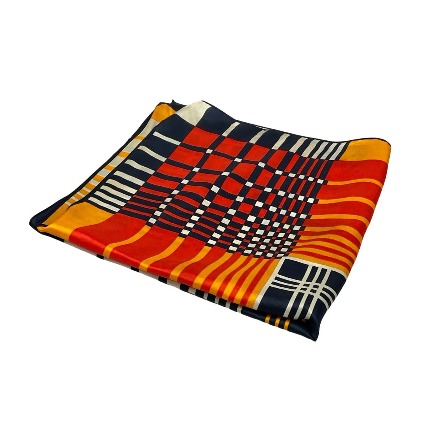 VTG 60S 70S MOD GEOMETRIC GRID YELLOW WHITE NAVY BLUE WHITE SCARF