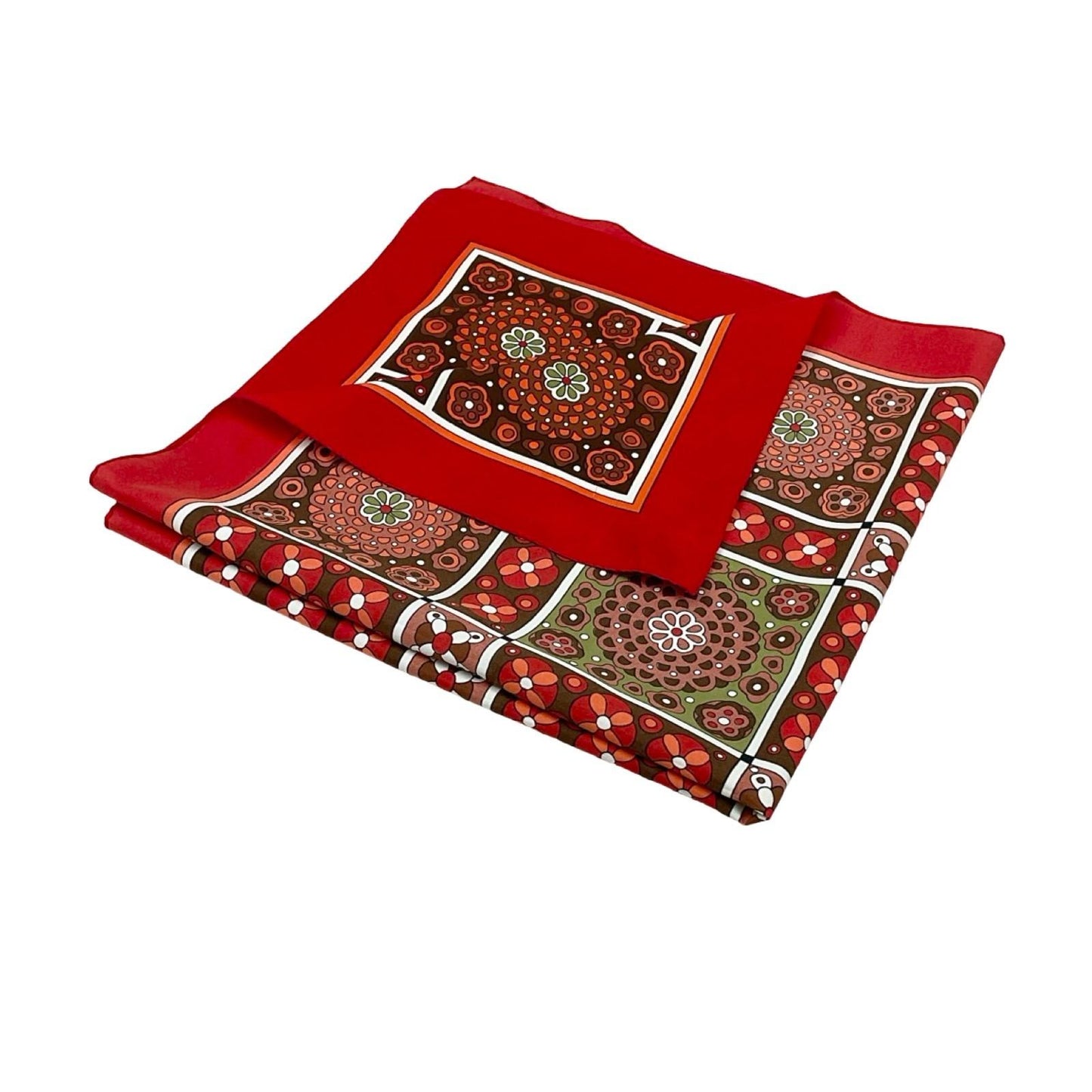 VTG 60S 70S GEOMETRIC FLORAL TILE PRINT RED BROWN ORANGE GREEN WHITE SCARF