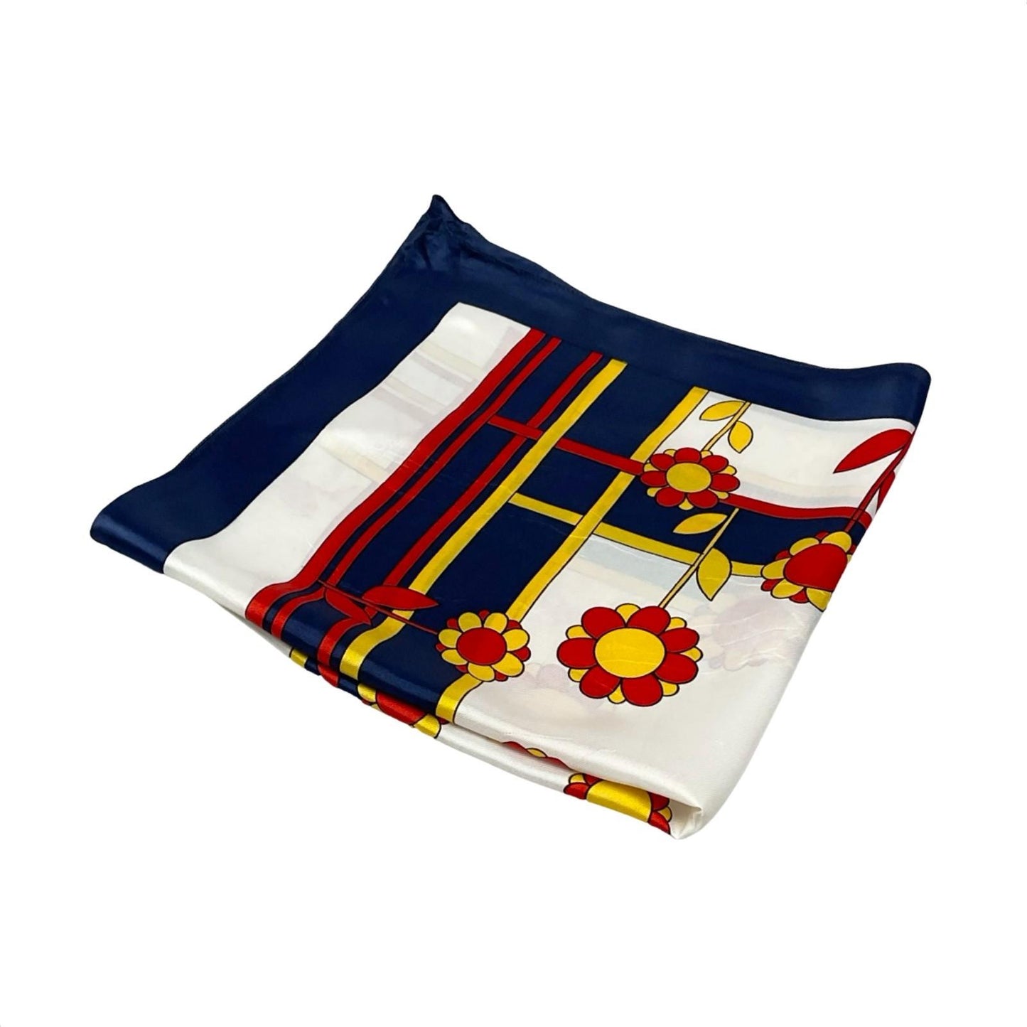 VTG 60S 70S MOD GEOMETRIC FLORAL DAISY WHITE BLUE RED YELLOW GRID SCARF