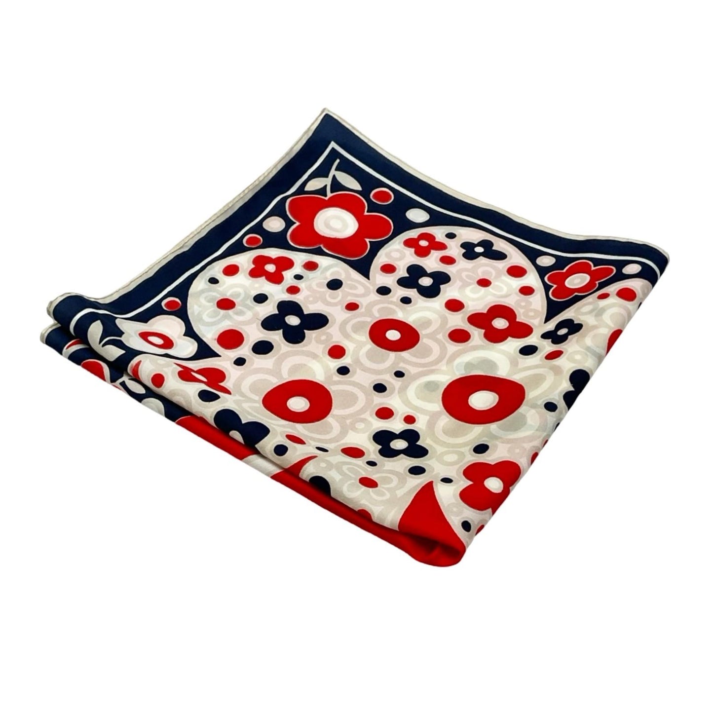 VTG 60S 70S WHITE RED NAVY BLUE PSYCHEDELIC MOD FLORAL FLOWER POWER SCARF