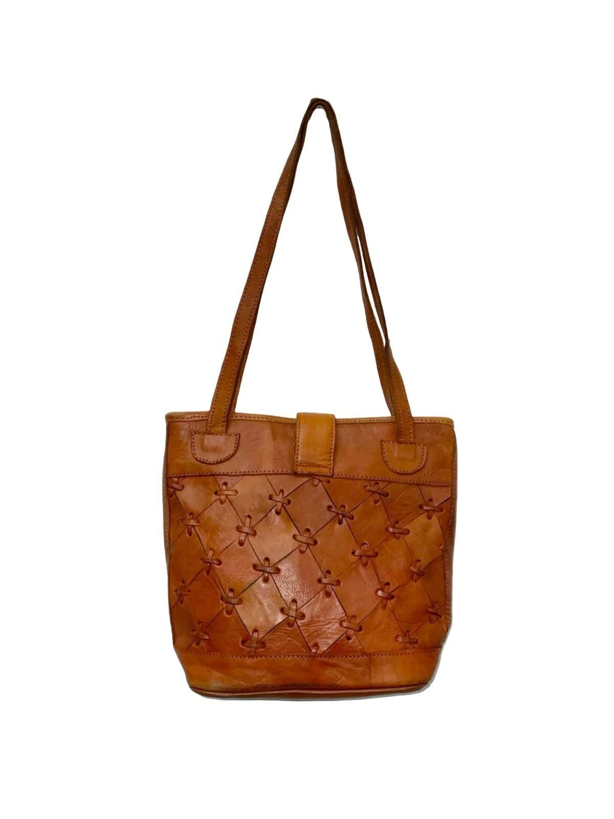 VTG 60S 70S GEOMETRIC PATCHWORK DIAMOND BROWN LEATHER SHOULDER BAG