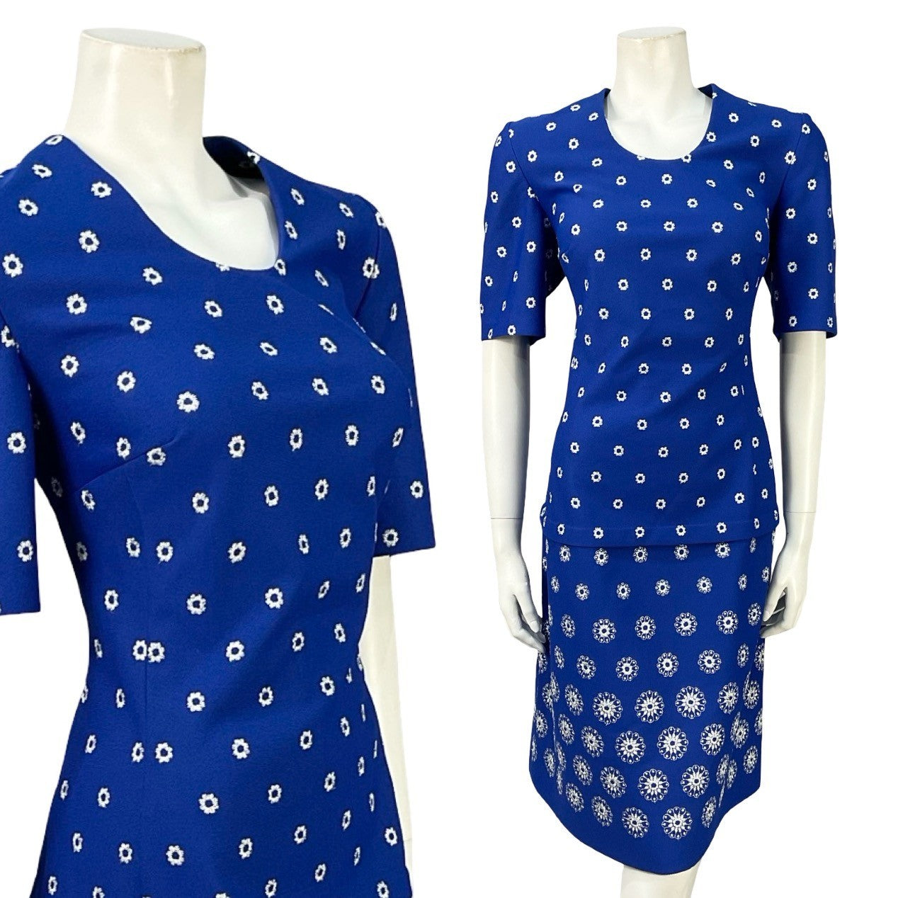 Mannequin wears a navy blue and silver geometric short sleeved vintage 60s mini dress.