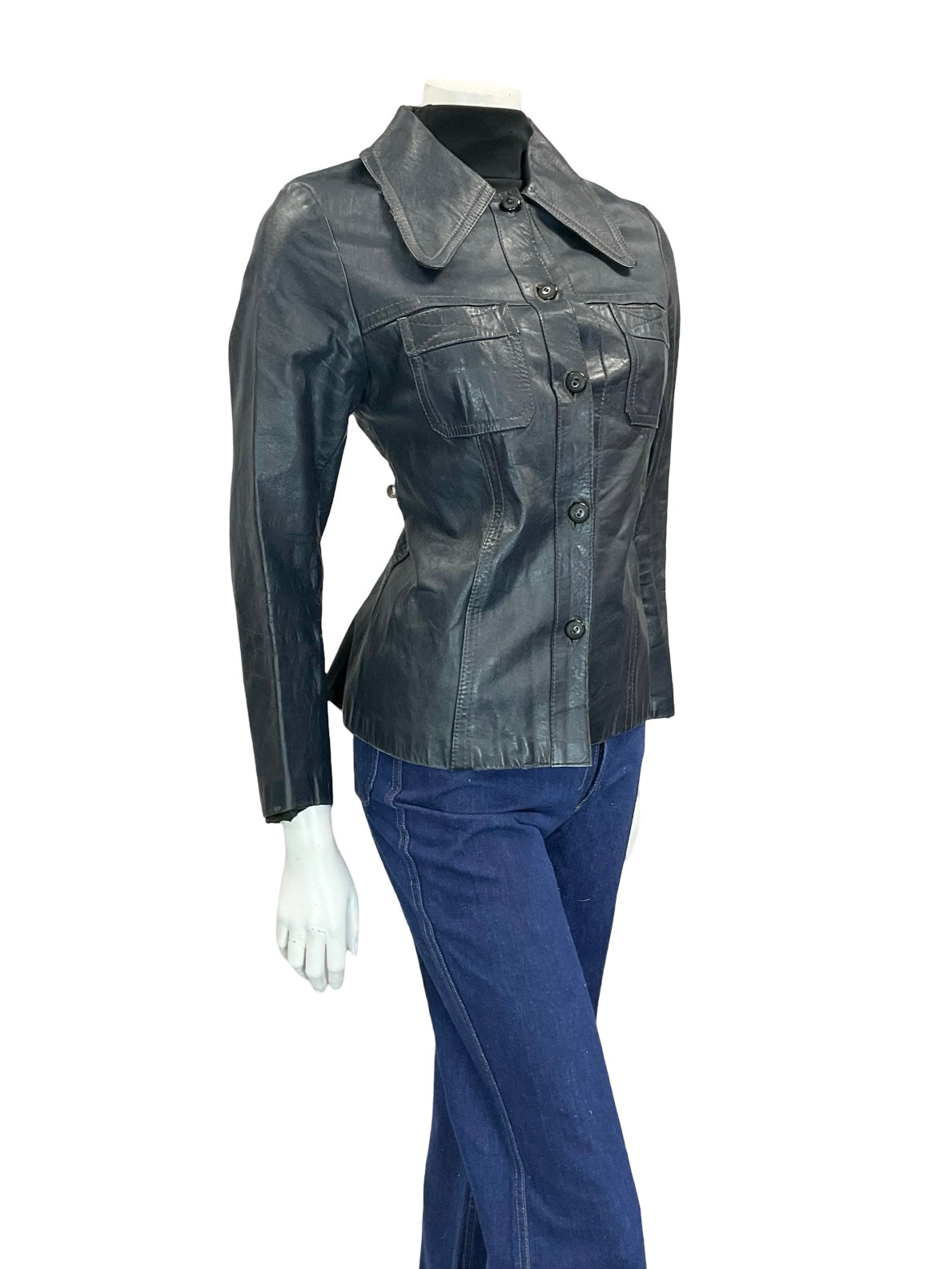 VTG 60S 70S DARK NAVY BLUE DOG EAR COLLAR SHORT LEATHER JACKET W POCKETS 8