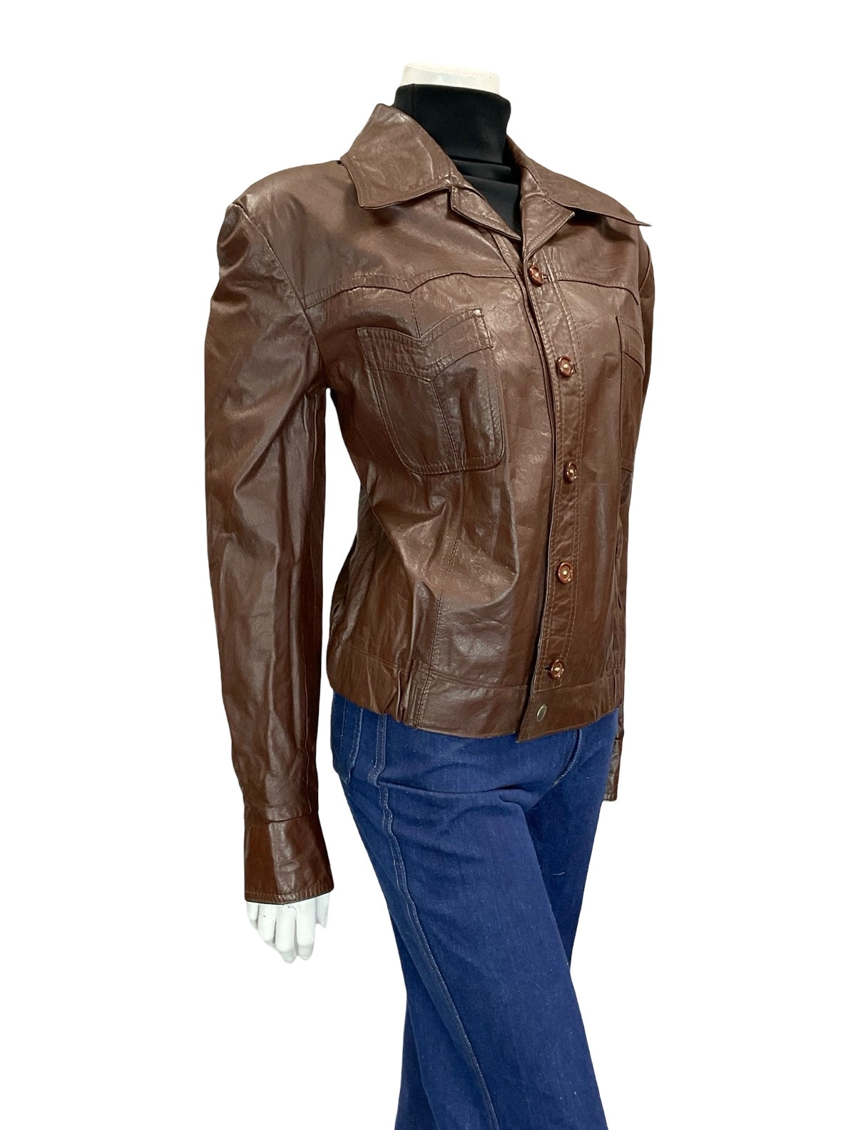 VTG 60S 70S MAHOGANY BROWN LEATHER DAGGER COLLAR ELASTICATED WAIST JACKET 16 L