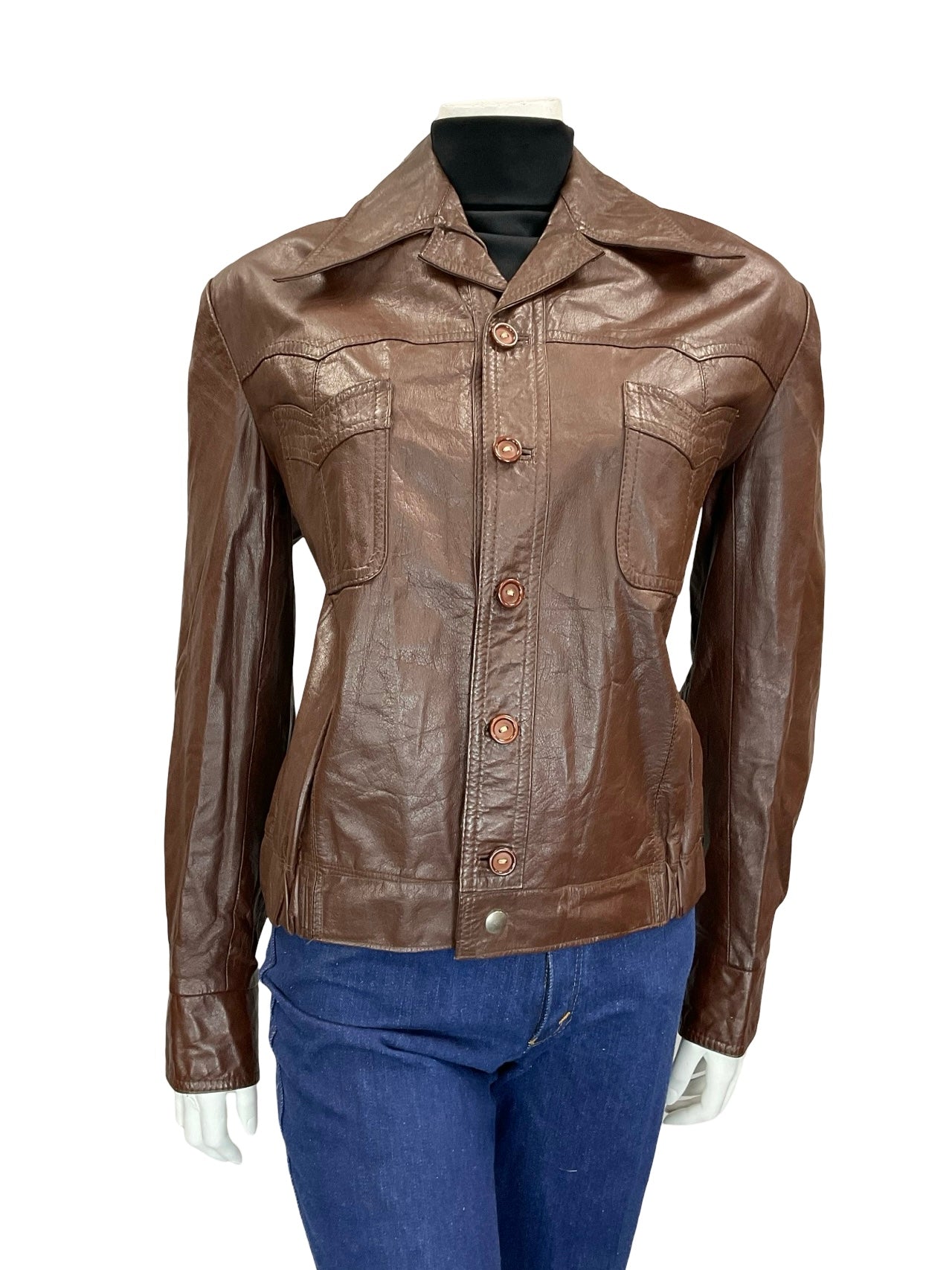 VTG 60S 70S MAHOGANY BROWN LEATHER DAGGER COLLAR ELASTICATED WAIST JACKET 16 L