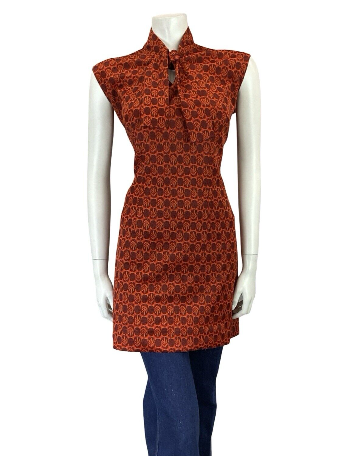 VTG 60S 70S RETRO TILED GEOMTRIC BOHO ORANGE RED LEAFY TIE NECK TUNIC TOP 16