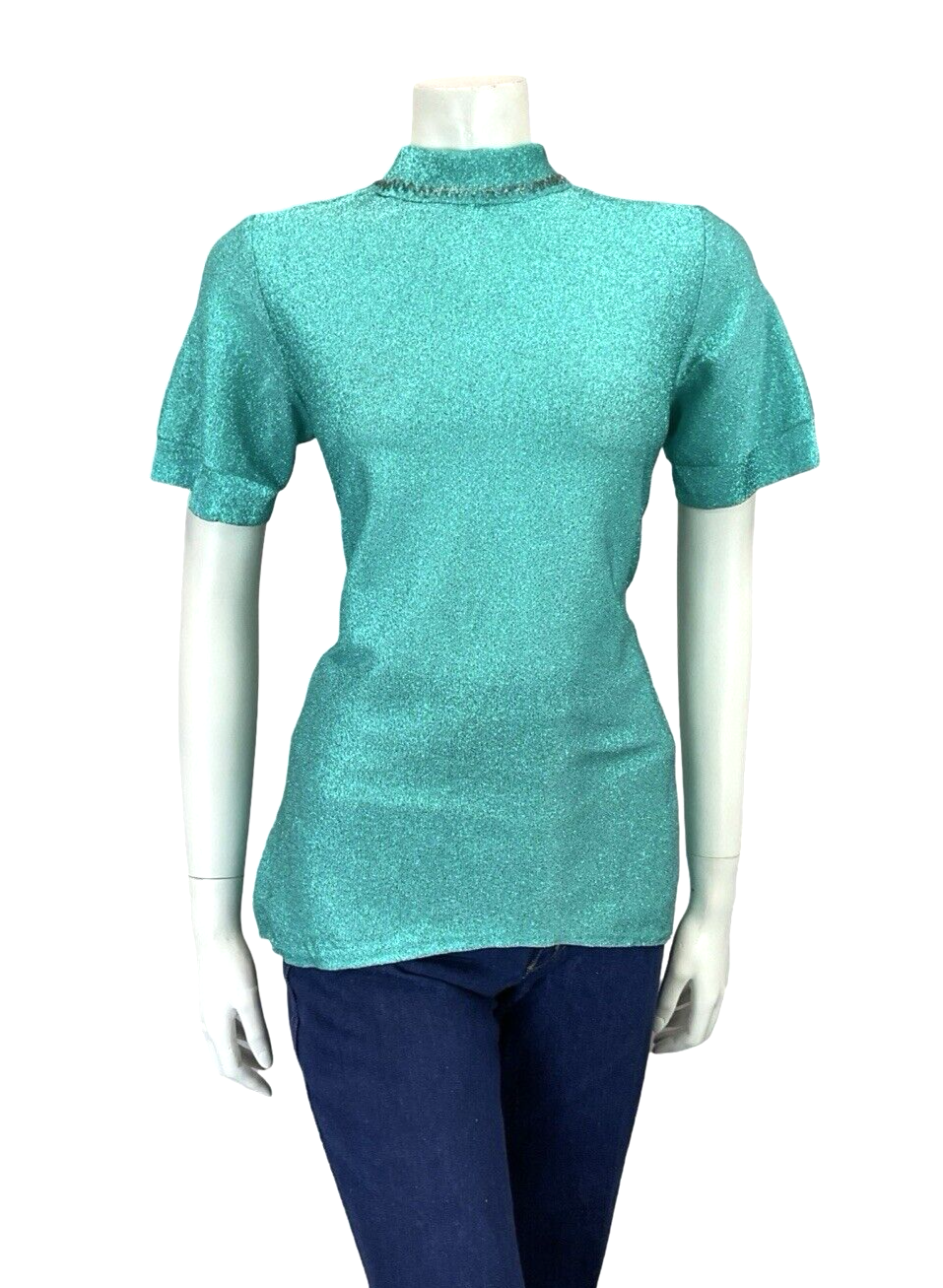 VTG 60S BLUE LUREX DISCO STUDIO 54 SILVER BEADED REMOVABLE COLLAR PARTY TOP 8 10