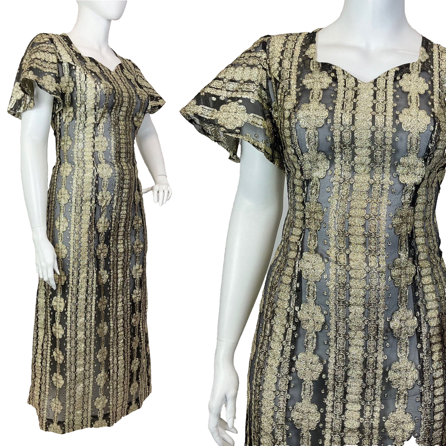 VTG 60s 70s GOLD BLACK LUREX STRIPED FLORAL BELL SLEEVE GLAM MAXI DRESS 20 22