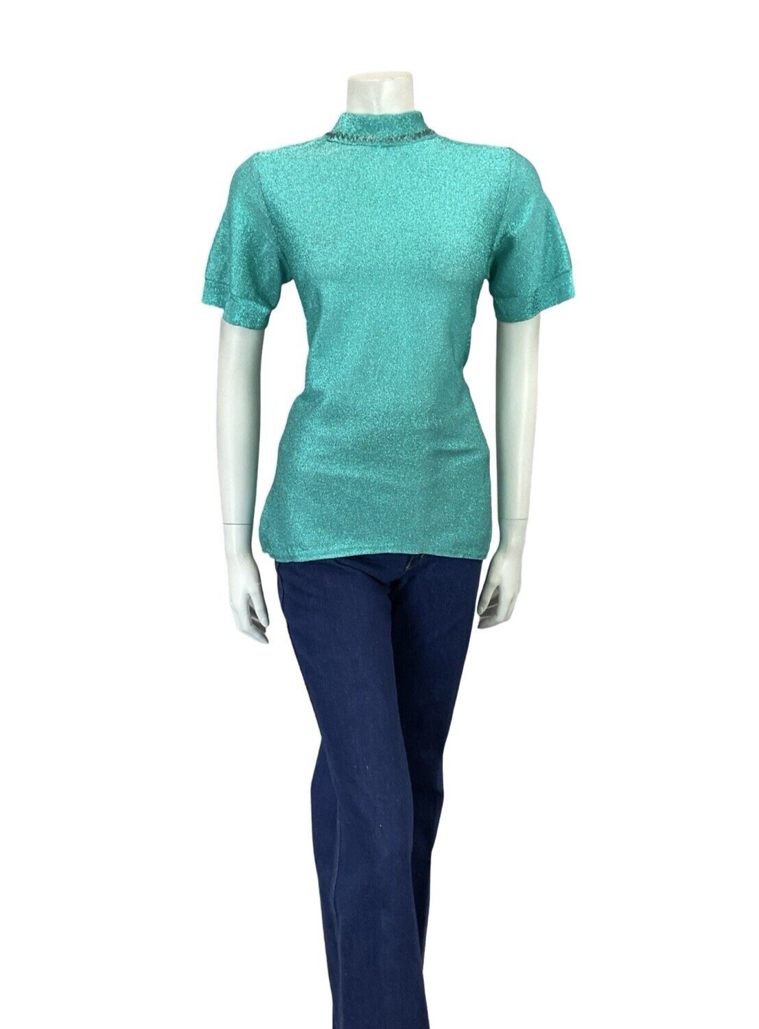 VTG 60S BLUE LUREX DISCO STUDIO 54 SILVER BEADED REMOVABLE COLLAR PARTY TOP 8 10