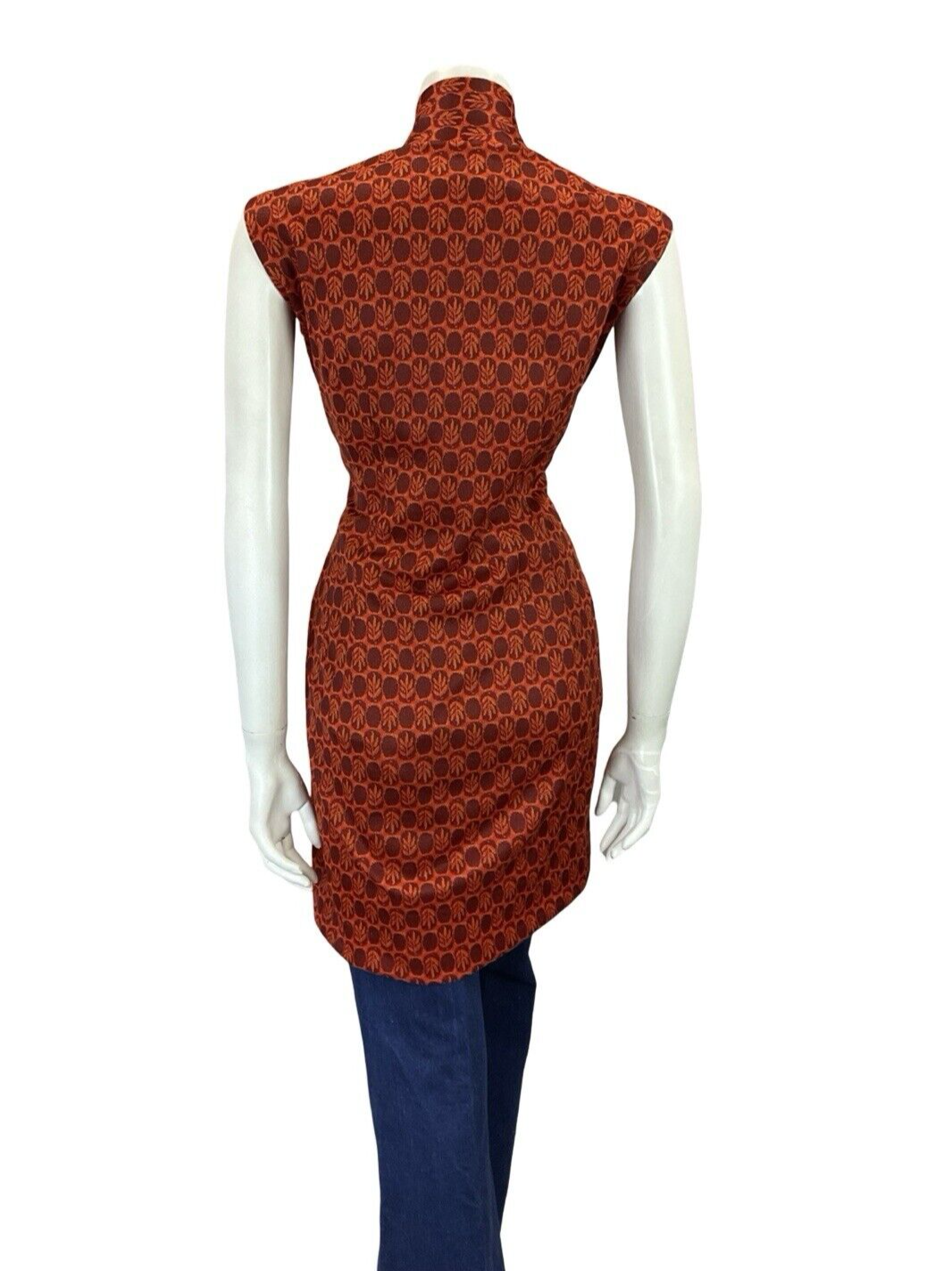 VTG 60S 70S RETRO TILED GEOMTRIC BOHO ORANGE RED LEAFY TIE NECK TUNIC TOP 16