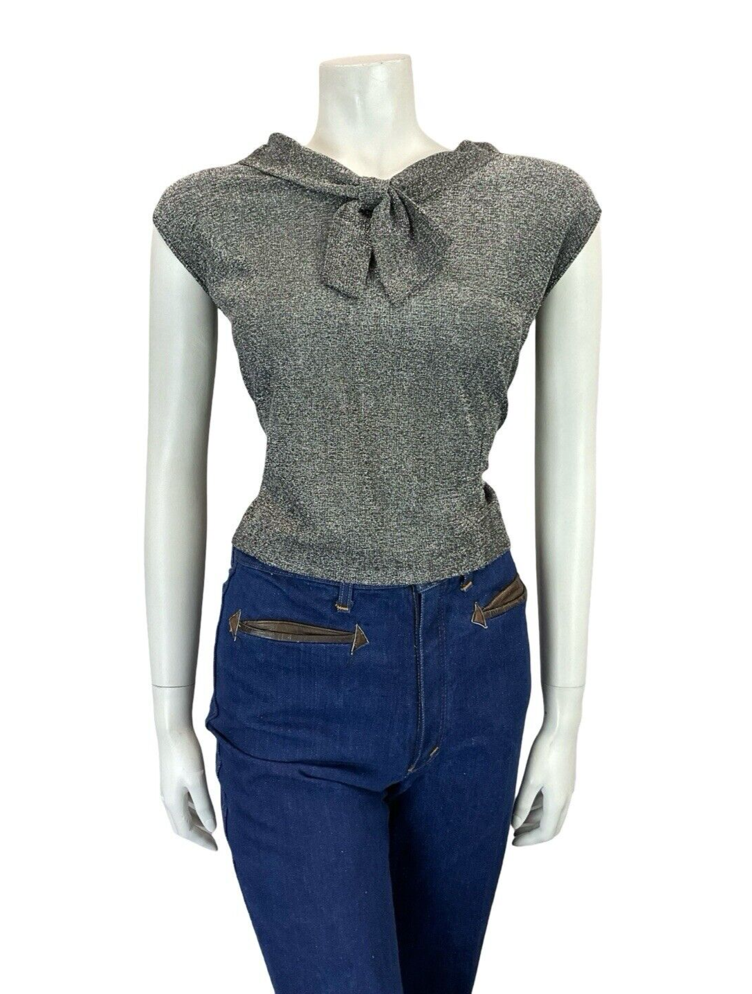 VTG 60S MOD DISCO STUDIO 54 SPARKLY SILVER LUREX SAILOR TIE PARTY TANK TOP 14 16