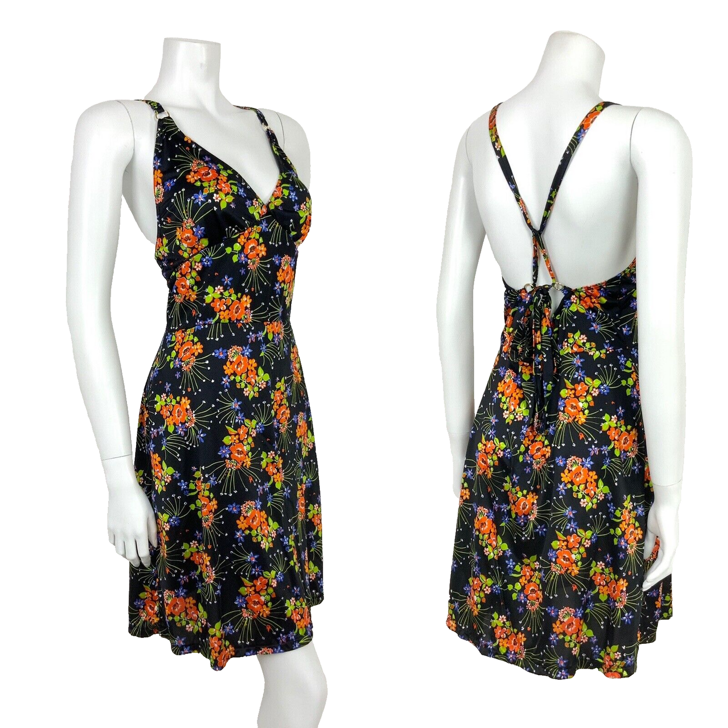 VTG 60s 70s BLACK BLUE ORANGE GREEN FLORAL HAWAIIAN SUMMER HALTER DRESS 10