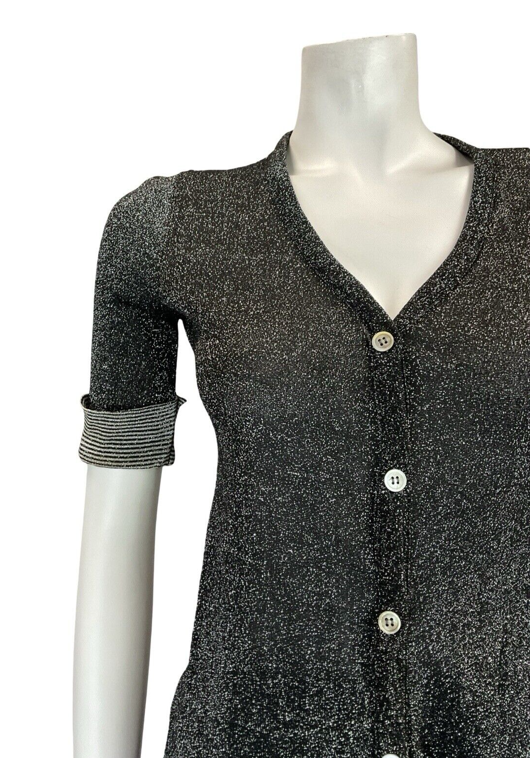 VTG BLACK WHITE DISCO MOD LUREX PARTY STRIPED CUFF BUTTON DOWN CARDIGAN TOP 6