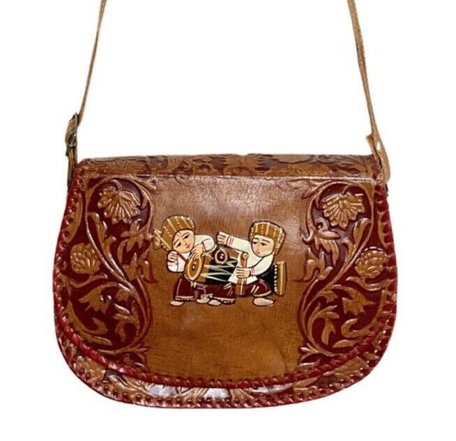 VINTAGE 60s 70s BROWN LEATHER THAI DRAGON BOAT STAMPED FLORAL MINI SHOULDER BAG