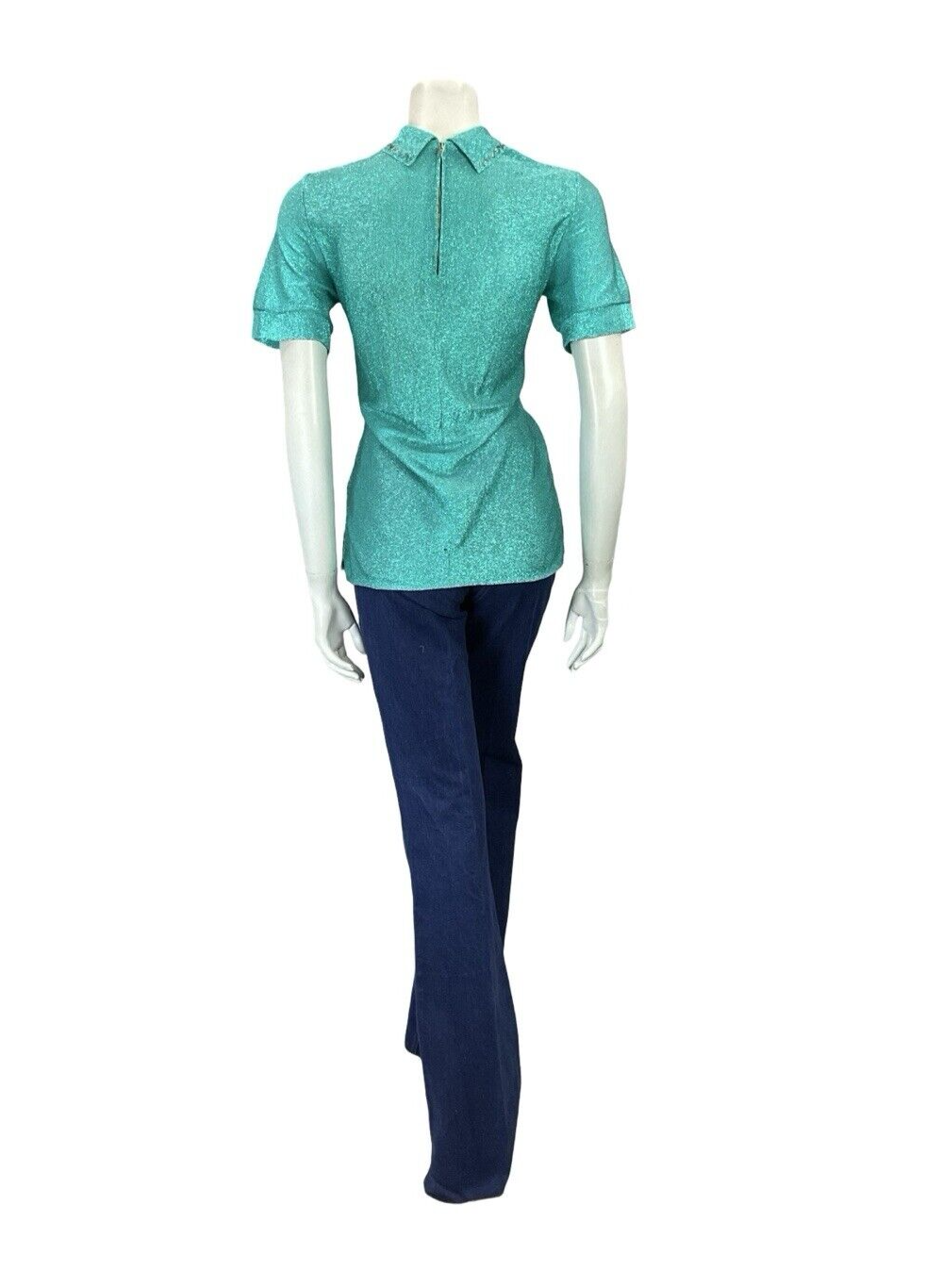 VTG 60S BLUE LUREX DISCO STUDIO 54 SILVER BEADED REMOVABLE COLLAR PARTY TOP 8 10