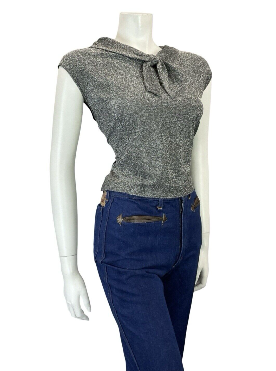 VTG 60S MOD DISCO STUDIO 54 SPARKLY SILVER LUREX SAILOR TIE PARTY TANK TOP 14 16