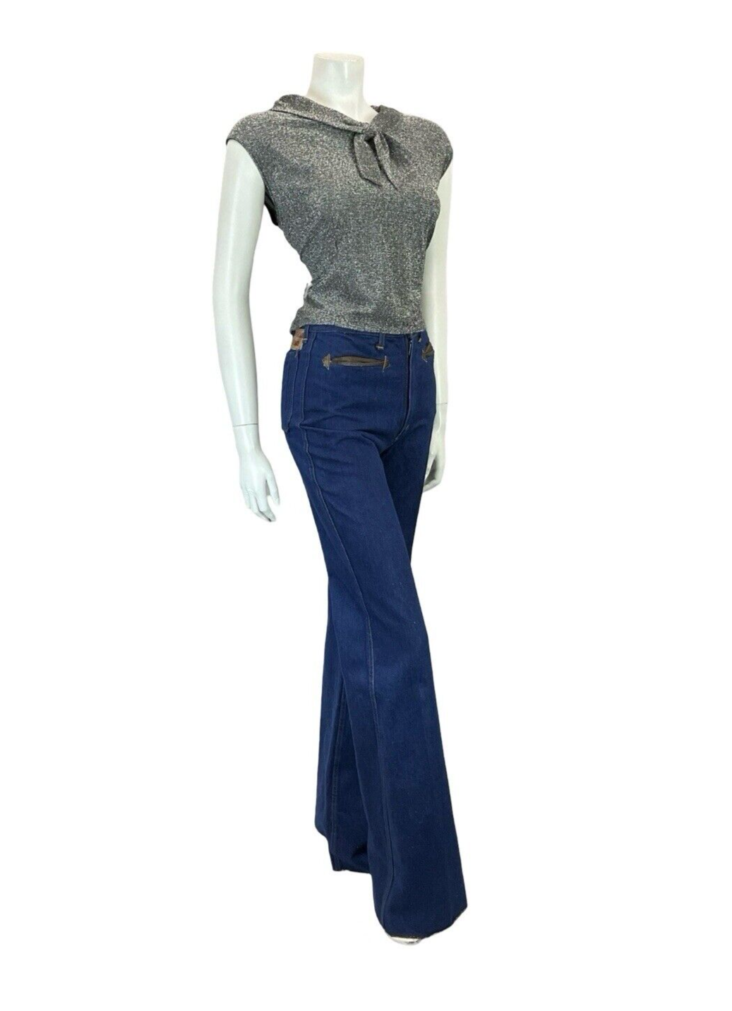 VTG 60S MOD DISCO STUDIO 54 SPARKLY SILVER LUREX SAILOR TIE PARTY TANK TOP 14 16