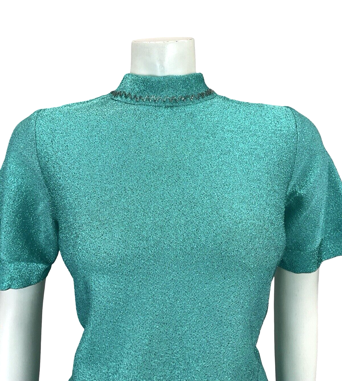 VTG 60S BLUE LUREX DISCO STUDIO 54 SILVER BEADED REMOVABLE COLLAR PARTY TOP 8 10