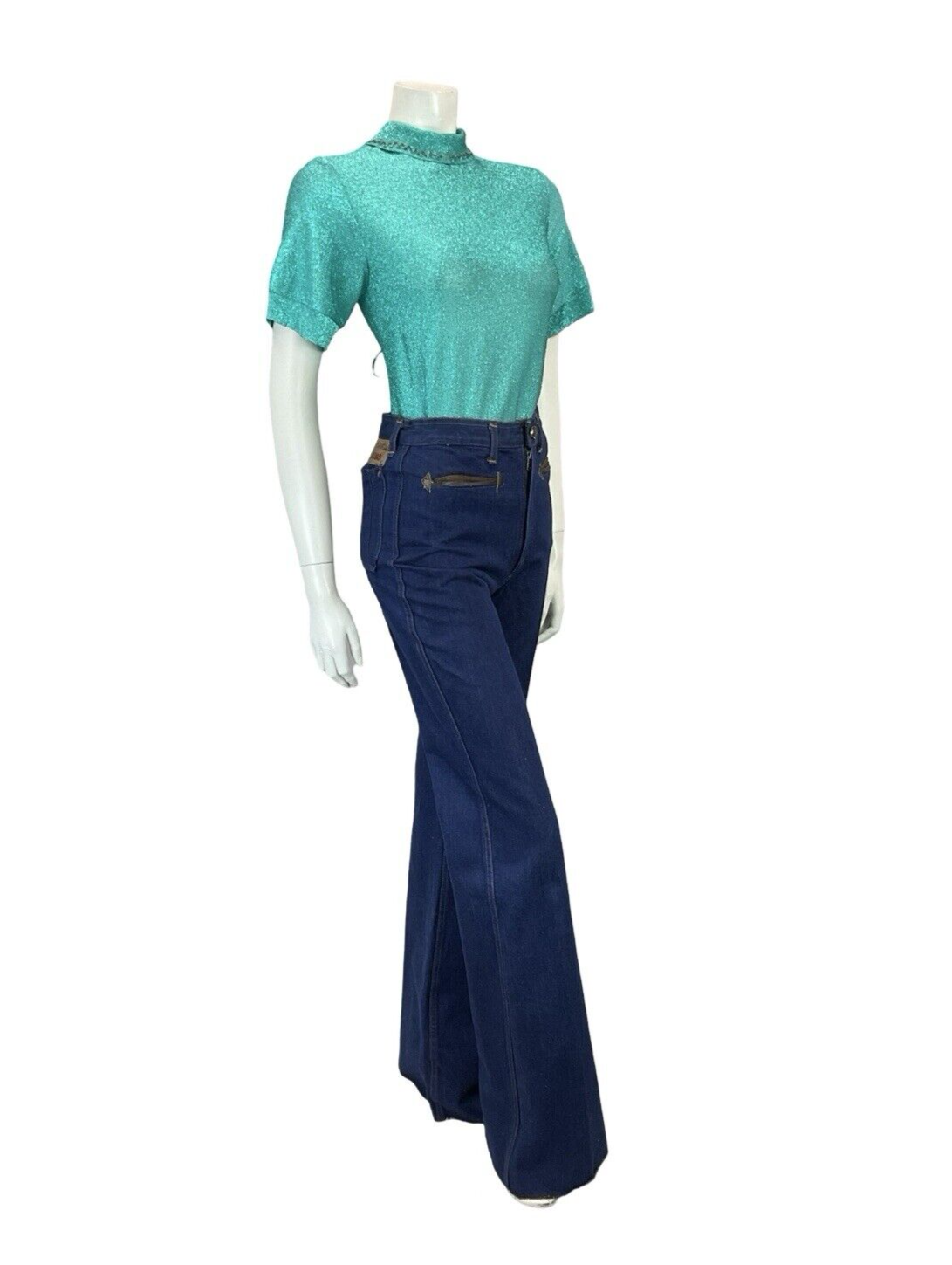 VTG 60S BLUE LUREX DISCO STUDIO 54 SILVER BEADED REMOVABLE COLLAR PARTY TOP 8 10
