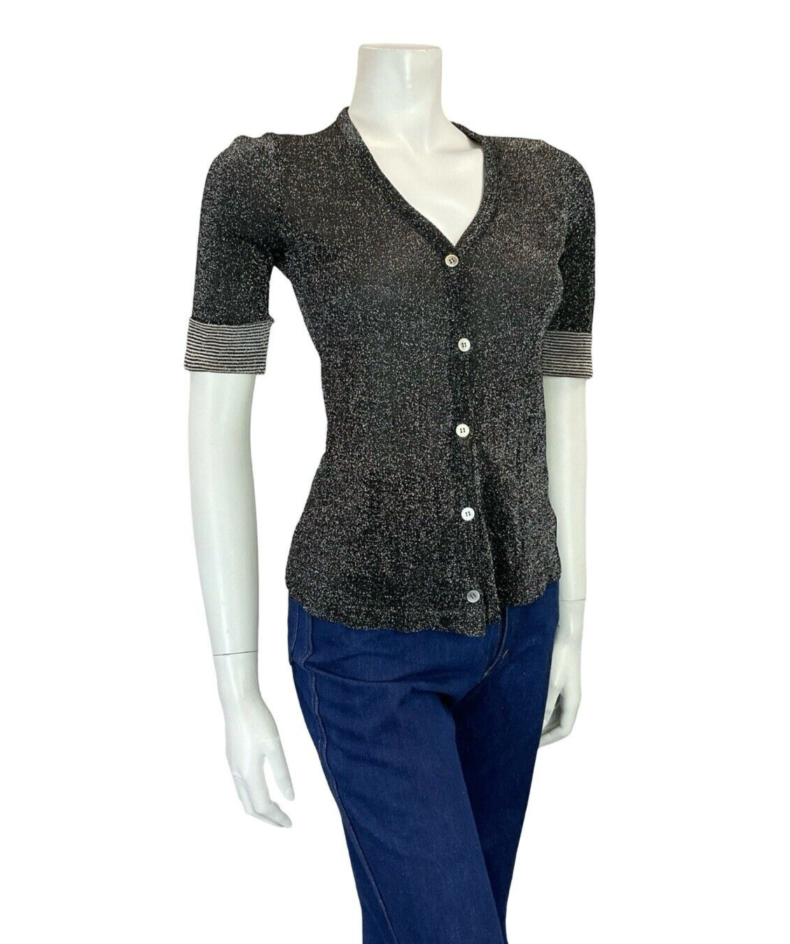 VTG BLACK WHITE DISCO MOD LUREX PARTY STRIPED CUFF BUTTON DOWN CARDIGAN TOP 6