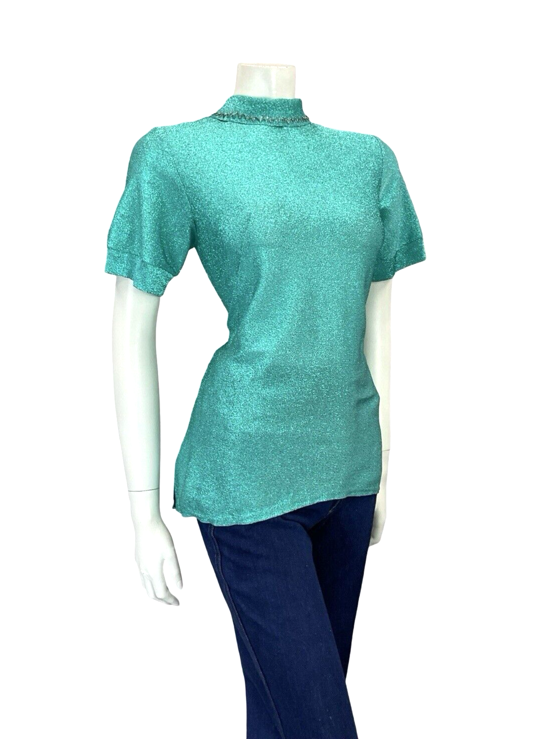 VTG 60S BLUE LUREX DISCO STUDIO 54 SILVER BEADED REMOVABLE COLLAR PARTY TOP 8 10