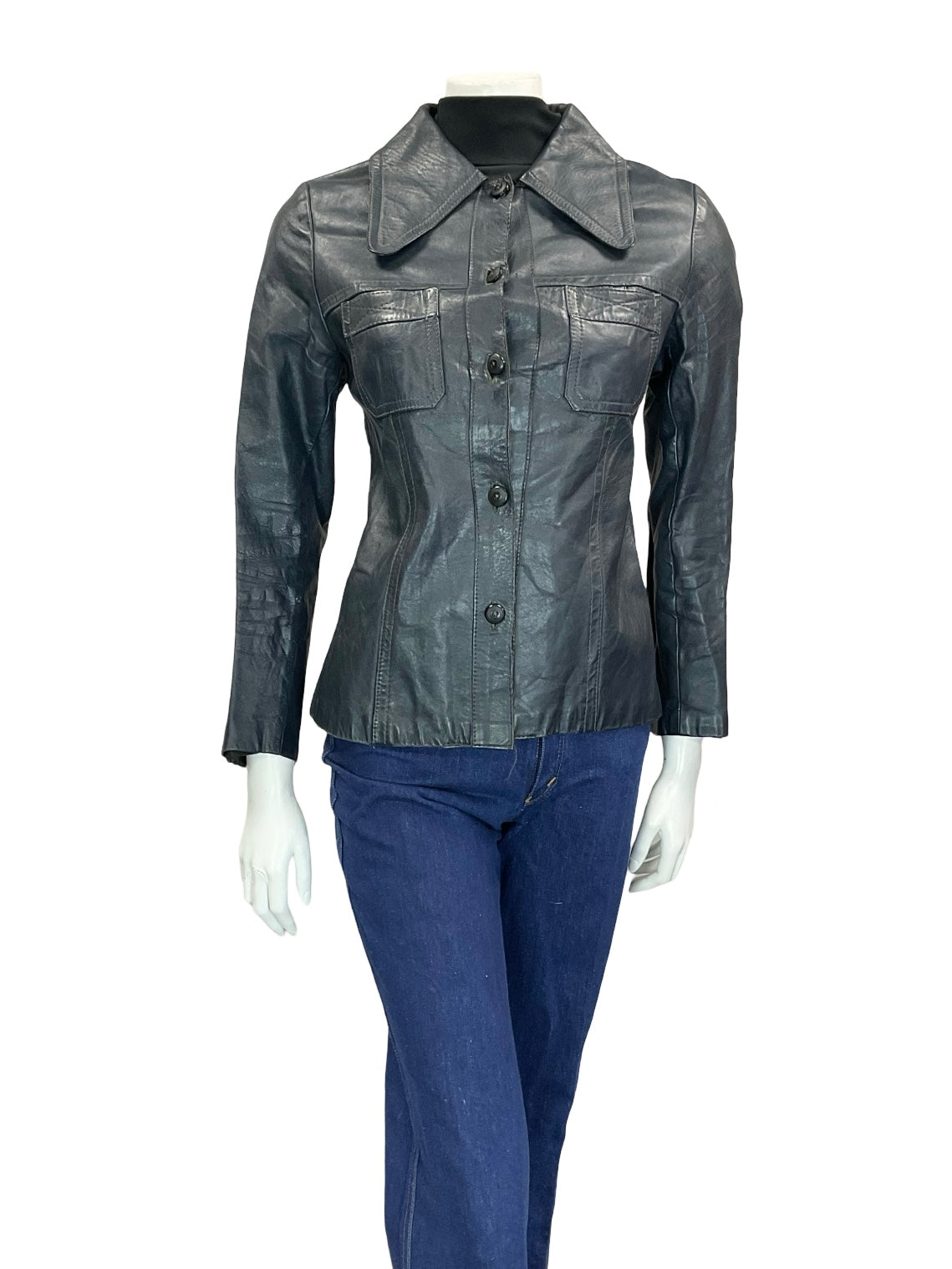 VTG 60S 70S DARK NAVY BLUE DOG EAR COLLAR SHORT LEATHER JACKET W POCKETS 8