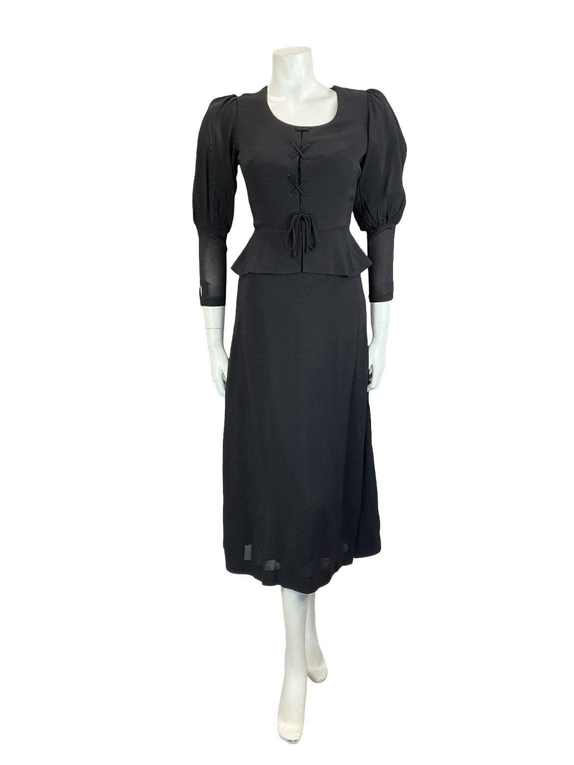 VTG 70S BLACK MEDIEVAL GOTHIC JULIET PUFF SLEEVE PEPLUM LACE UP MIDI DRESS 4 6