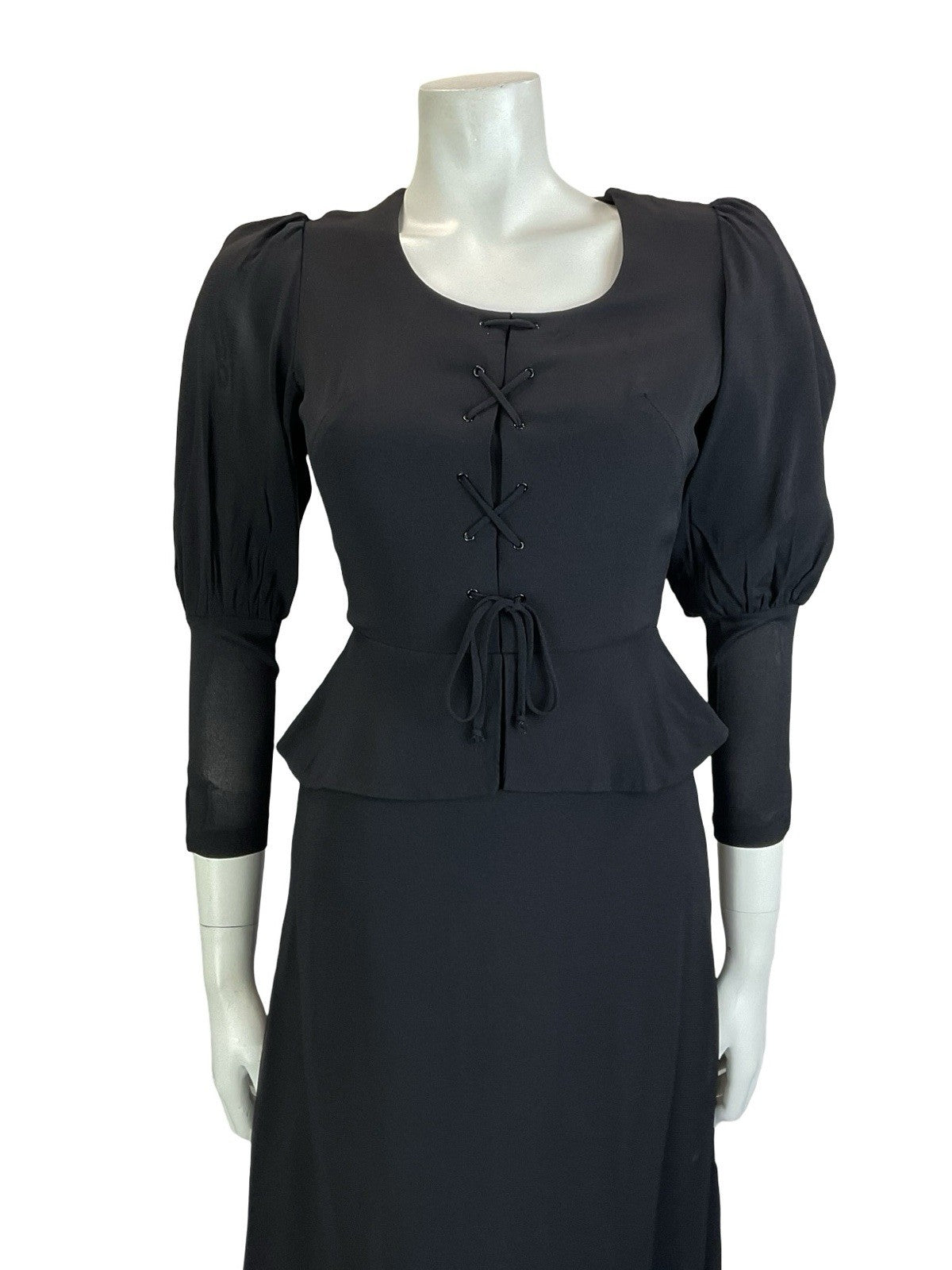 VTG 70S BLACK MEDIEVAL GOTHIC JULIET PUFF SLEEVE PEPLUM LACE UP MIDI DRESS 4 6