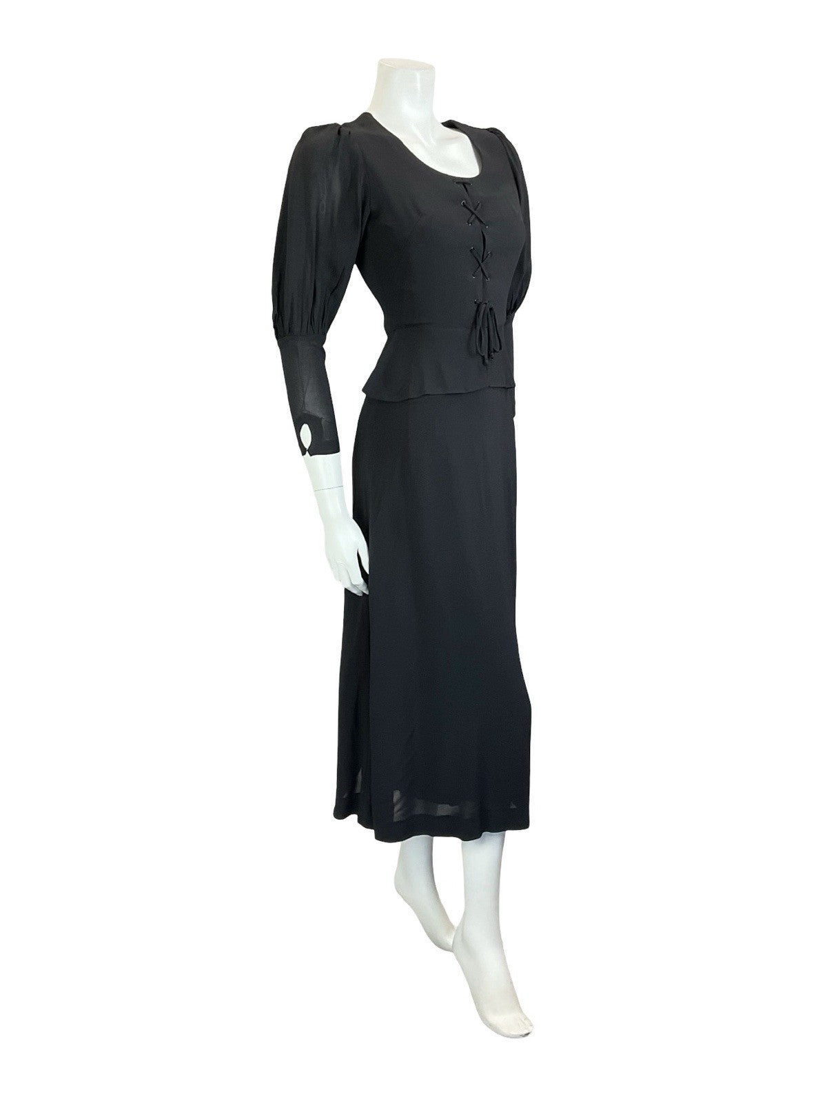 VTG 70S BLACK MEDIEVAL GOTHIC JULIET PUFF SLEEVE PEPLUM LACE UP MIDI DRESS 4 6