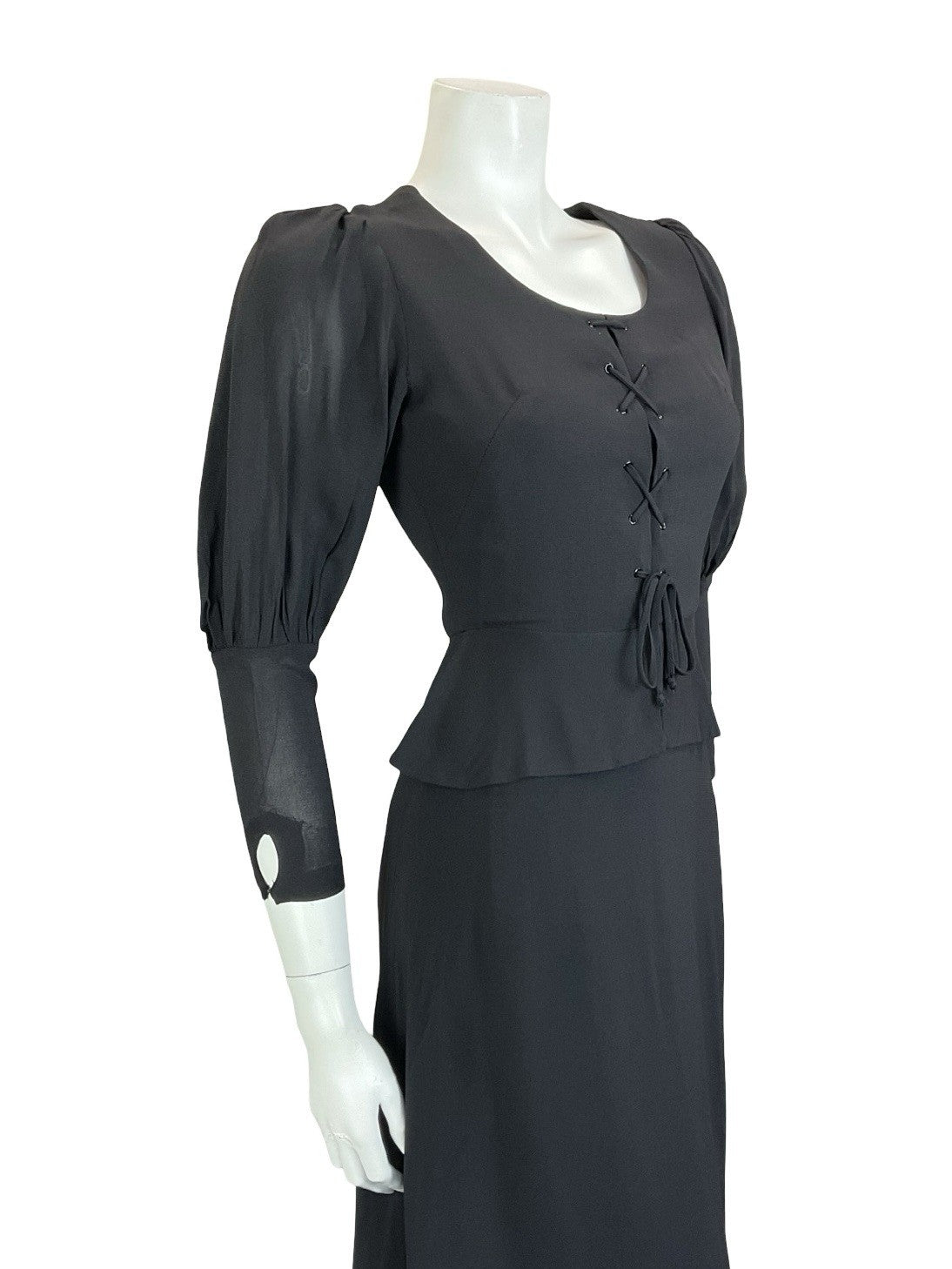 VTG 70S BLACK MEDIEVAL GOTHIC JULIET PUFF SLEEVE PEPLUM LACE UP MIDI DRESS 4 6