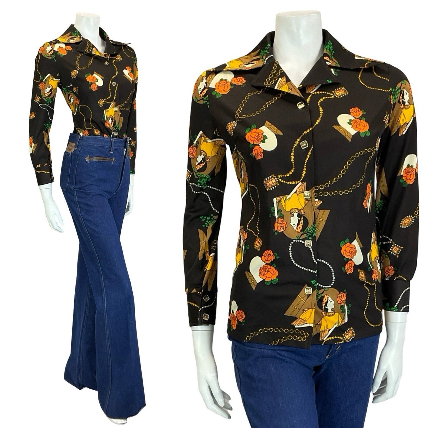 Mannequin wears blue flared jeans with a brown and yellow dagger collar 70s shirt, printed with an art deco design featuring roses, a necklace and a woman.
