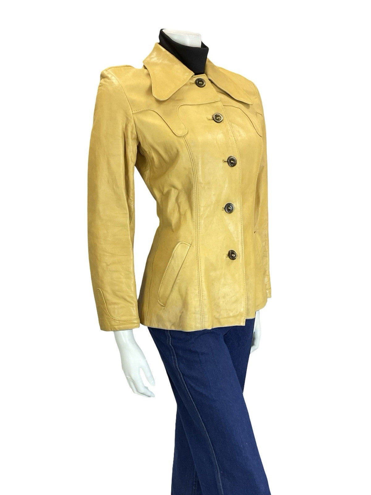 VTG 60S 70S YELLOW LIGHT TAN LEATHER WESTERN BOHO YOKE DOG EAR JACKET 8 10 S