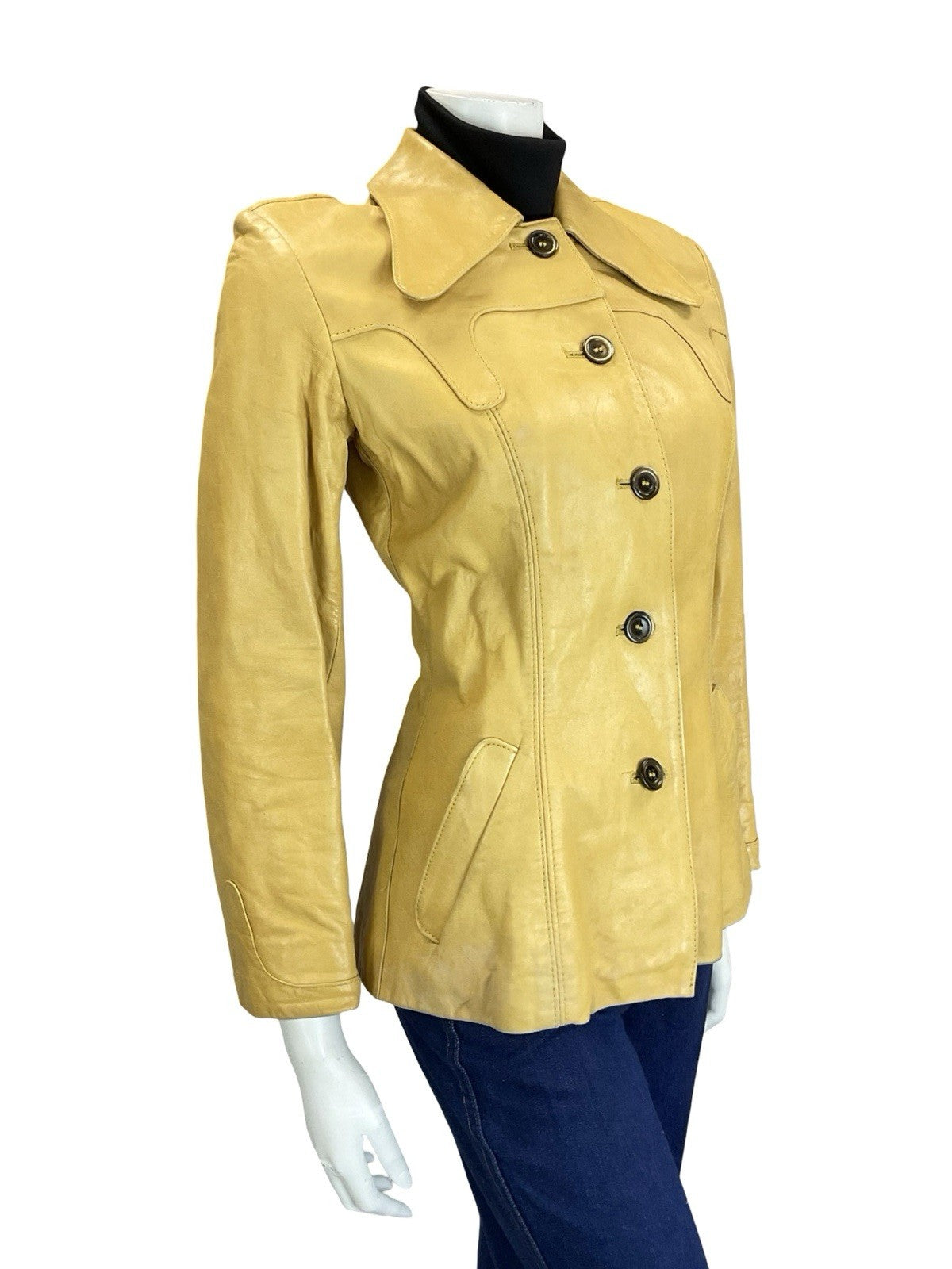 VTG 60S 70S YELLOW LIGHT TAN LEATHER WESTERN BOHO YOKE DOG EAR JACKET 8 10 S