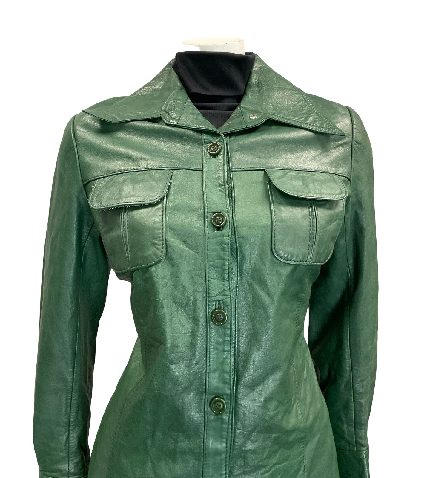 VTG 60S 70S FOREST GREEN DAGGER COLLAR BUTTON DOWN LEATHER JACKET 12 W POCKETS