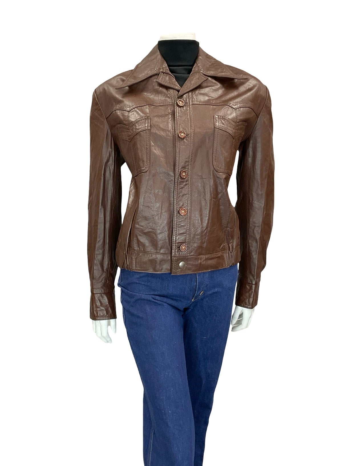 VTG 60S 70S MAHOGANY BROWN LEATHER DAGGER COLLAR ELASTICATED WAIST JACKET 16 L