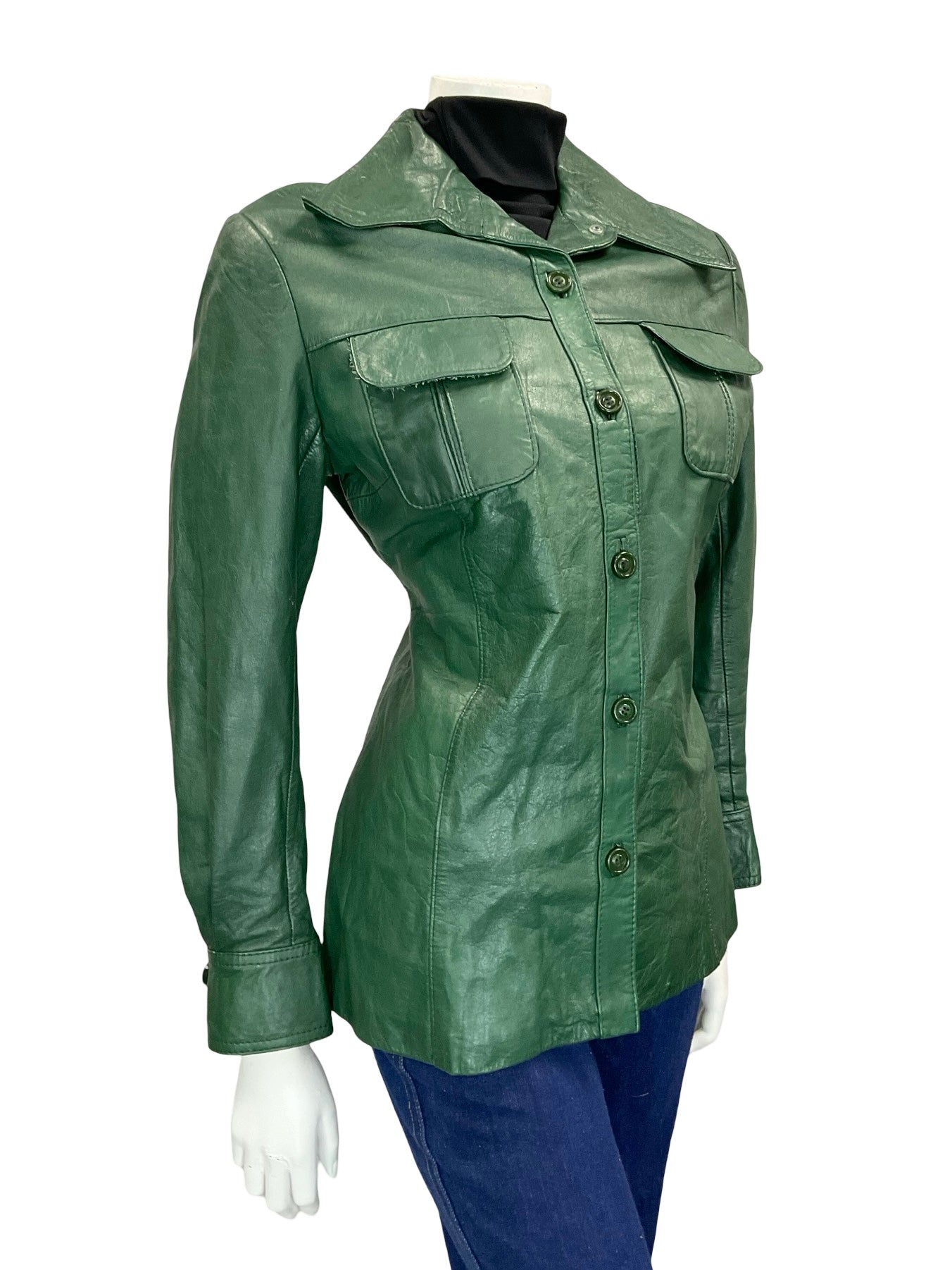 VTG 60S 70S FOREST GREEN DAGGER COLLAR BUTTON DOWN LEATHER JACKET 12 W POCKETS